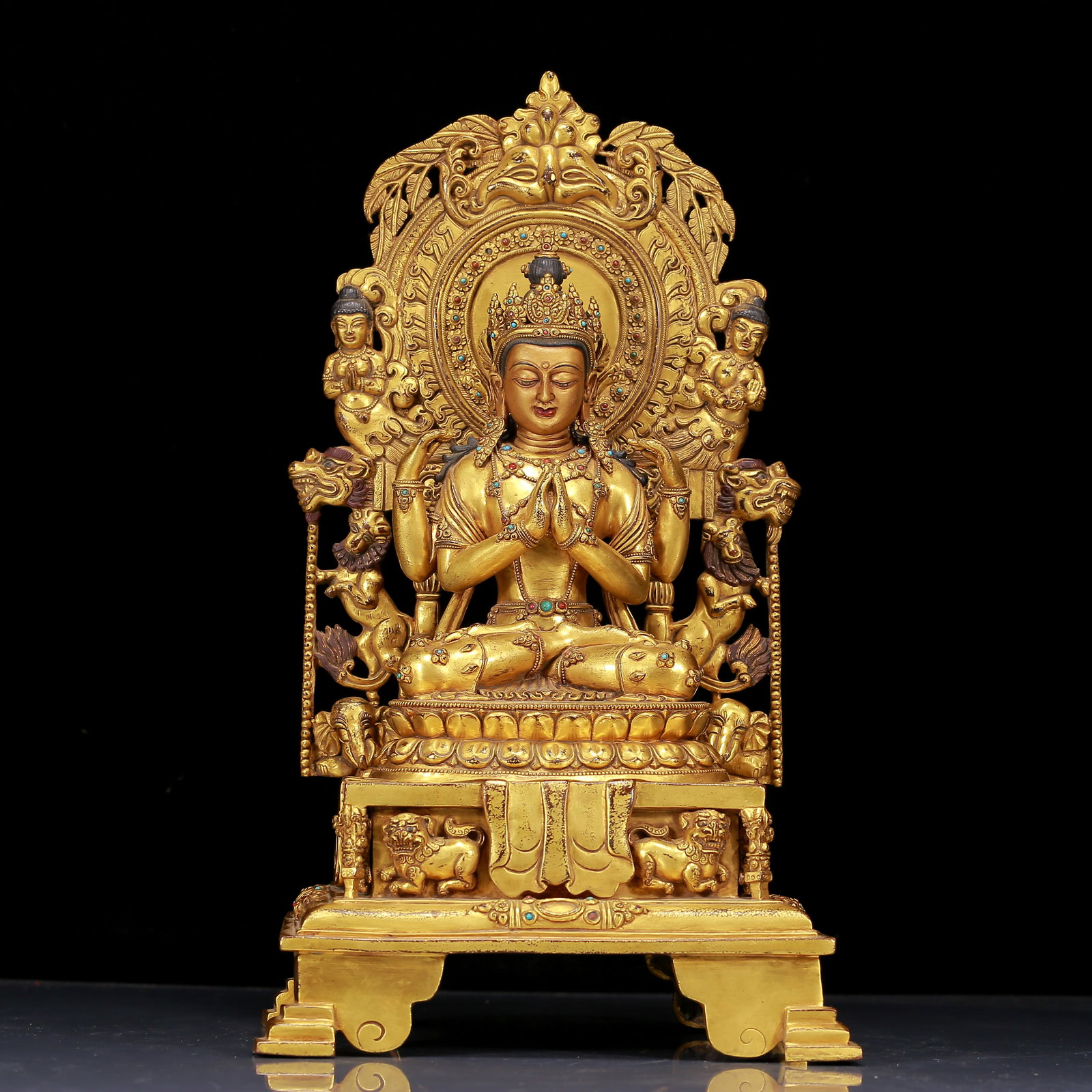 A Huge Gilt Bronze Inlaid Turquoise Statue of Four-Armed Guanyin: A Huge Gilt Bronze Inlaid Turquoise Statue of Four-Armed Guanyin，Ming Dynasty, China，Size: 9.4inx8.3inx16.7in，Weight:10080g 铜鎏金嵌绿松石