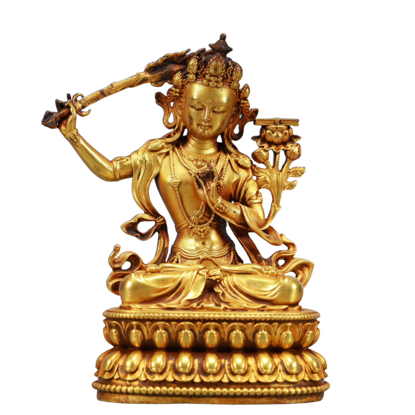 A Solemn Gilt Bronze Statue of Manjusri: A Solemn Gilt Bronze Statue of Manjusri,Ming Dynasty, China,Yongle Six-character Mark,Size:2.4inx1.8inx3.7in,Weight:560g 铜鎏金文殊菩萨像,中ࢲ