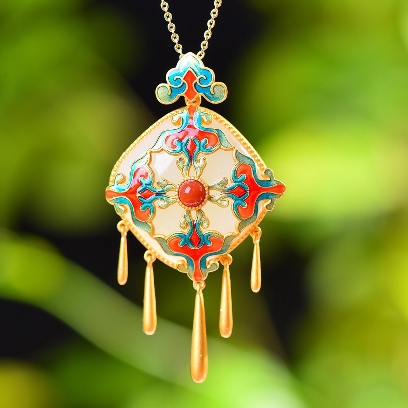 An Exquisite Sterling Silver-Gold Plated Inlaid White Jade Enamel Pendant: An Exquisite Sterling Silver-Gold Plated Inlaid White Jade Enamel Pendant,Size:26mmx26mm 纯银镀金镶白玉珐琅吊坠