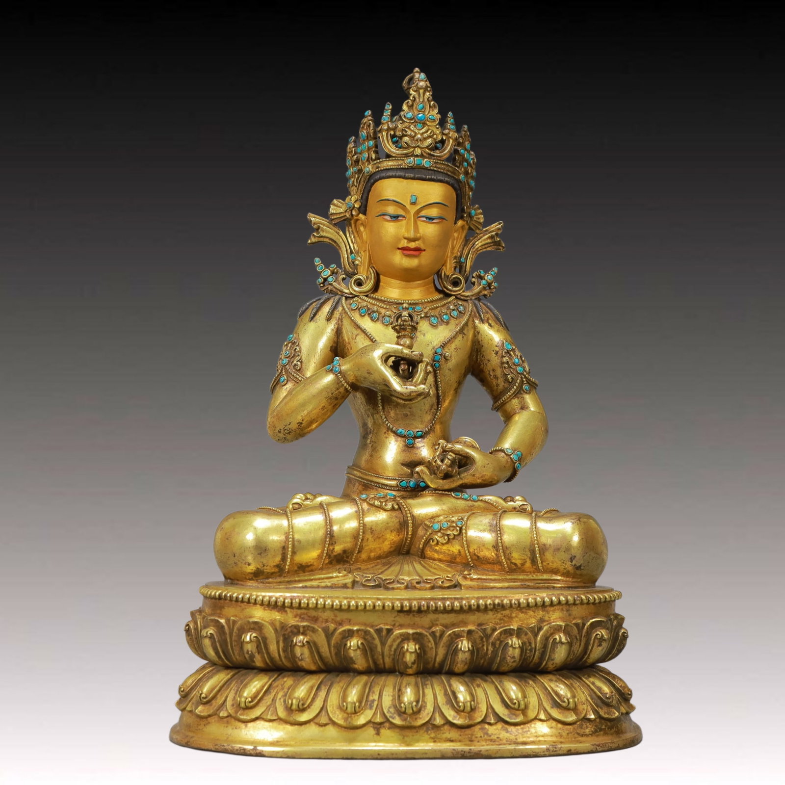 A Solemn Gilt Bronze Statue of Vajrasattva,Inlaid Turquoise,With Inscription: A Solemn Gilt Bronze Statue of Vajrasattva,Inlaid Turquoise,With Inscription,Ming Dynasty, China,Size:9.8inx6.3inx16.3in,Weight:9600g 铜鎏金金刚萨陲像,&