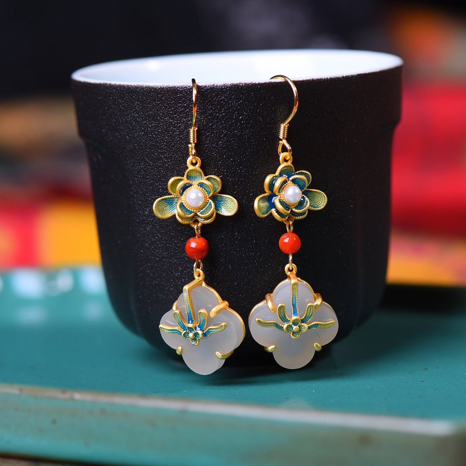 A Pair of Exquisite Sterling Silver-Gold Plated Inlaid White Jade Enamel Earrings,Inlaid Pearls (1 of 5)