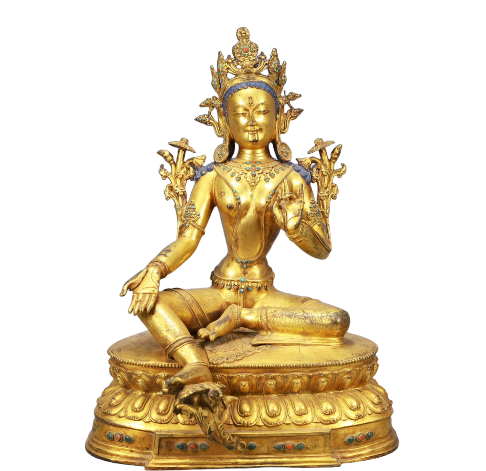 A Solemn Gilt Bronze Inlaid Gems Statue of Amitayus: A Solemn Gilt Bronze Inlaid Gems Statue of Amitayus,Ming Dynasty, China,Size:17.3inx11inx23.4in Weight:20150g 铜鎏金嵌宝石无量寿佛像,&