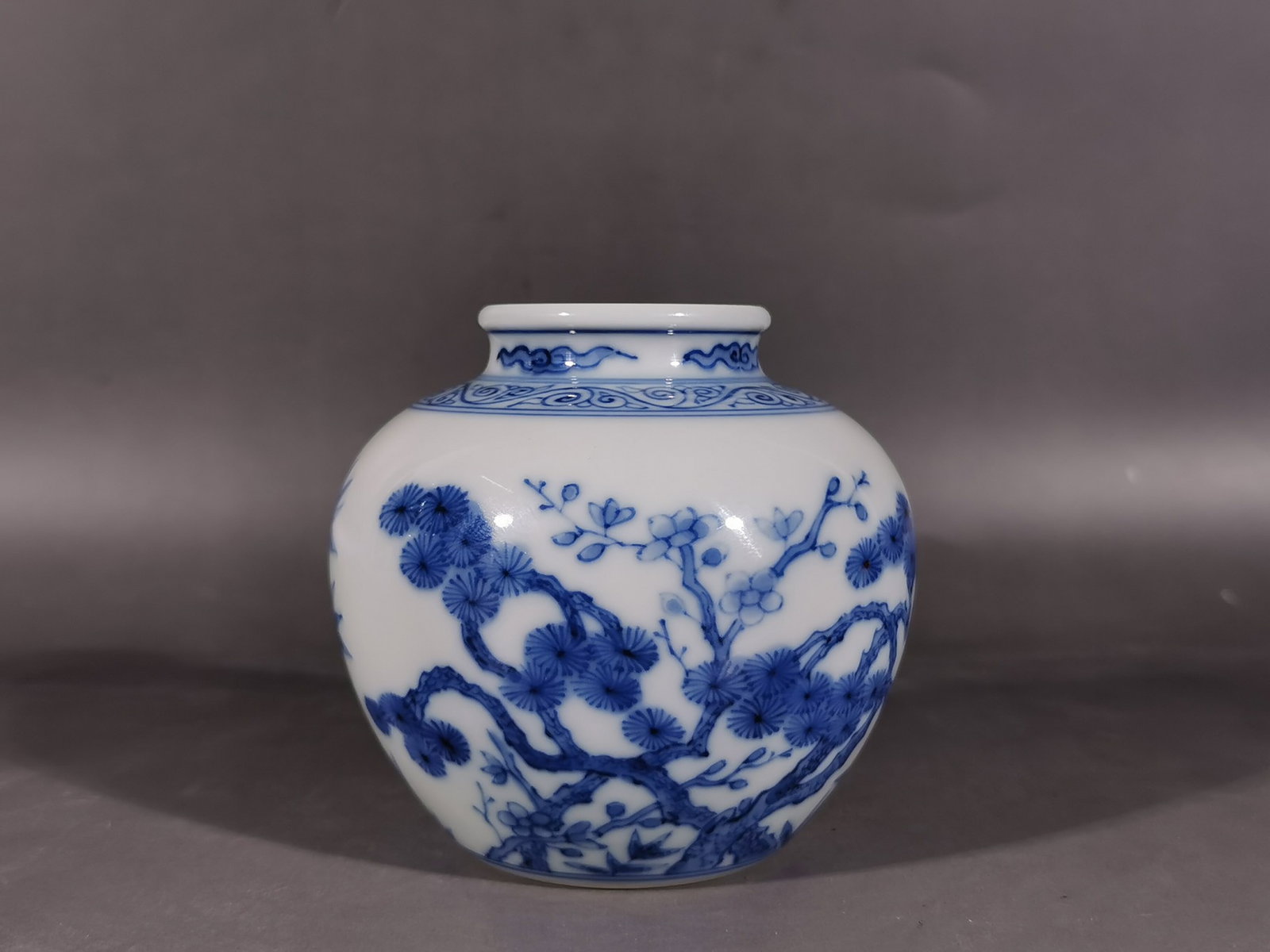An Exquisite Blue and White Pine,Bamboo and Plum Blossom Pattern Jar: An Exquisite Blue and White Pine,Bamboo and Plum Blossom Pattern Jar,Qing Dynasty,China,Yongzheng Six-character Mark,Size:3.7inx1.9inx3.9in
