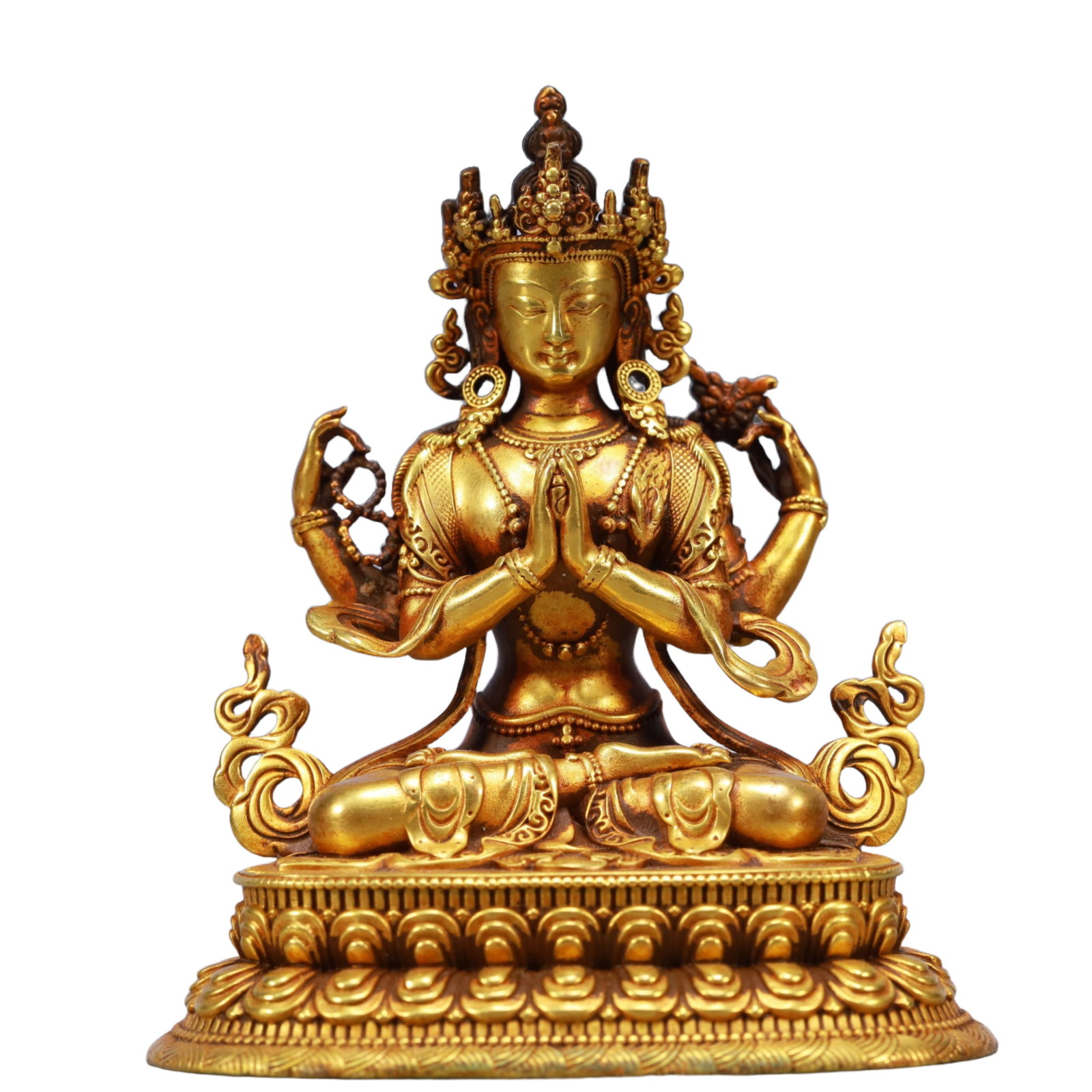 A Solemn Gilt Bronze Statue of Four-arms Avalokitesvara: A Solemn Gilt Bronze Statue of Four-arms Avalokitesvara,Ming Dynasty, China,Yongle Six-character Mark,Size:3.3inx2.4inx3.9in,Weight:654g 铜鎏金四臂观音像