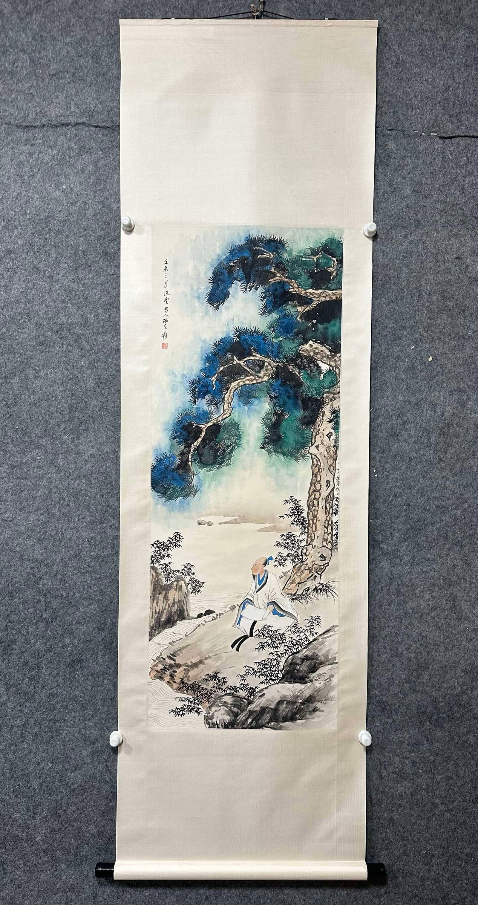 A Chinese Vertical Scroll Ink Painting of Landscape and Figure on Paper,Zhang Daqian: A Chinese Vertical Scroll Ink Painting of Landscape and Figure on Paper,Zhang Daqian,Size:(Without