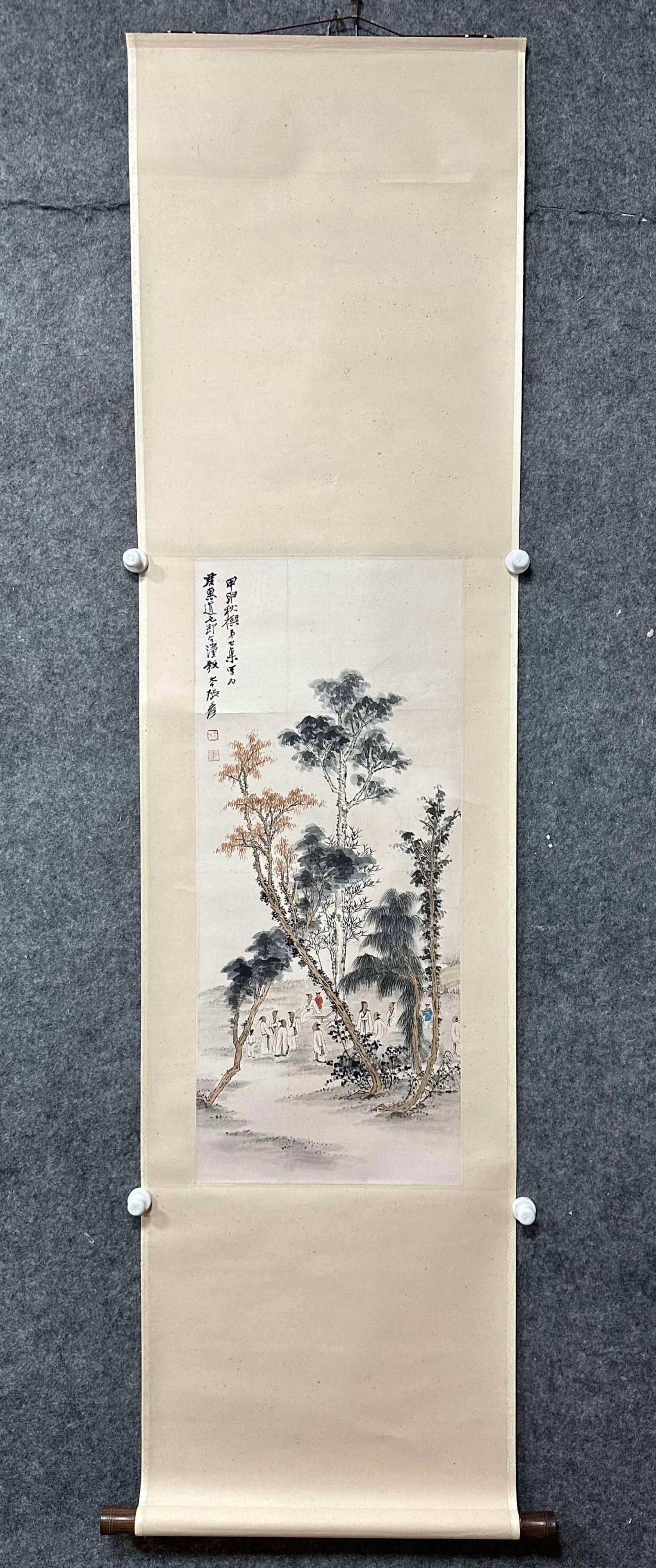 A Chinese Vertical Scroll Ink Painting of Landscape and Figure on Paper,Zhang Daqian: A Chinese Vertical Scroll Ink Painting of Landscape and Figure on Paper,Zhang Daqian,Size:(Without frame)15inx35in一幅中国水墨山水人物ஹ