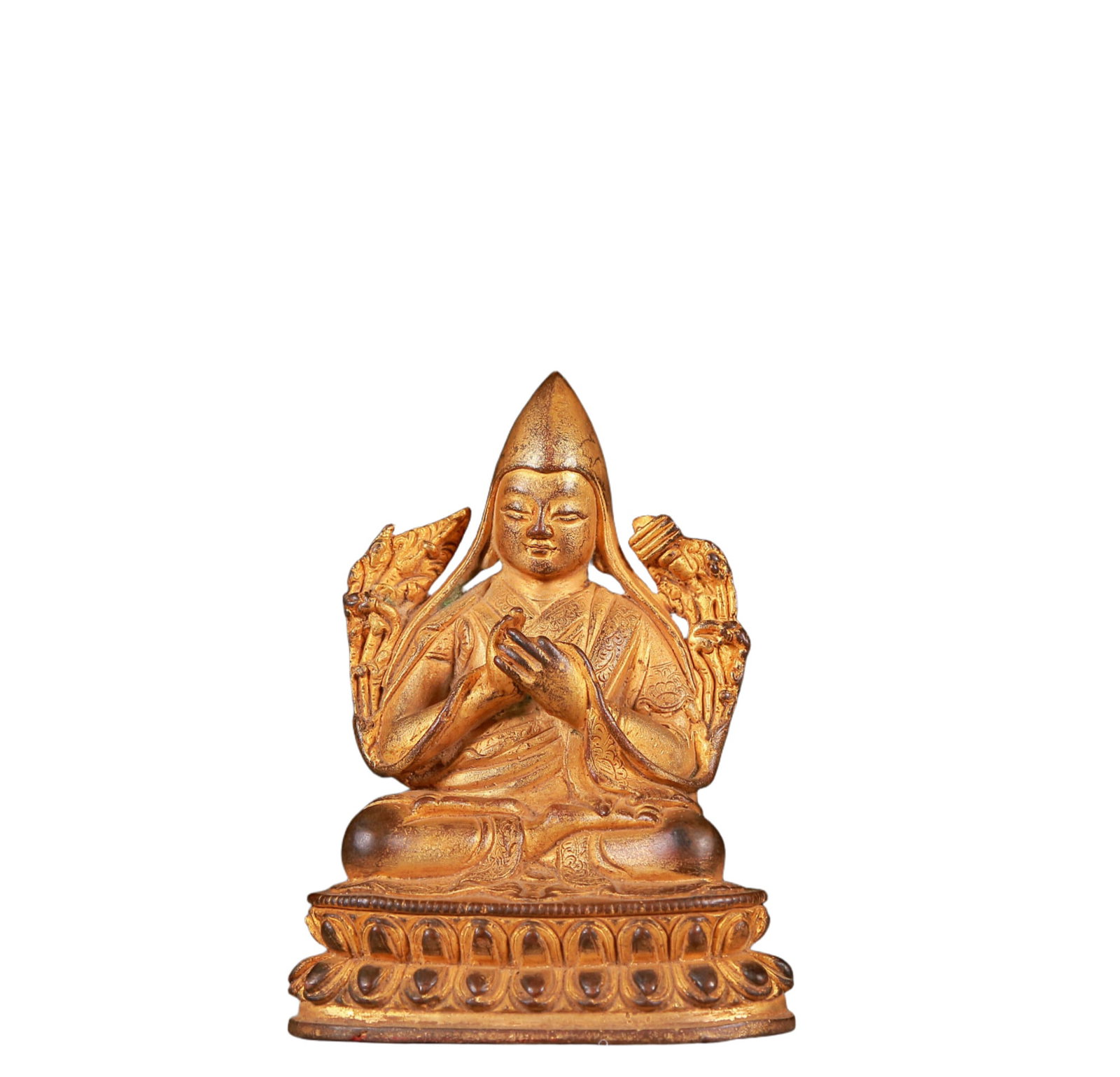 A Solemn Gilt Bronze Statue of Tsongkhapa: A Solemn Gilt Bronze Statue of Tsongkhapa,Qing Dynasty, China,Size:3.3inx2.4inx5.1in,Weight:500g 铜鎏金宗喀巴像，清代