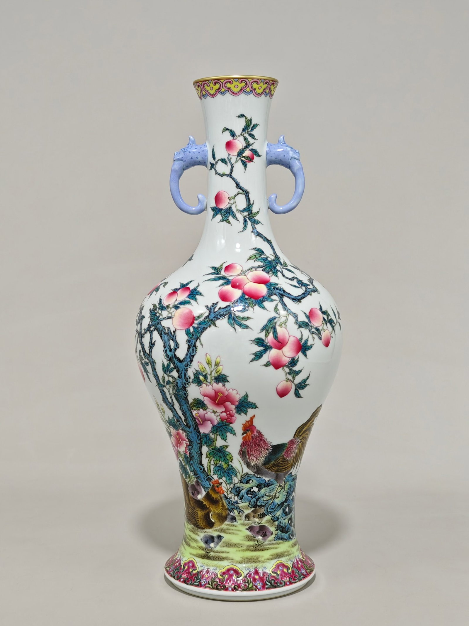 A Rare Enamel Rooster Peach Pattern Beast-Ears Vase,With Poem: A Rare Enamel Rooster Peach Pattern Beast-Ears Vase,With Poem,Qing Dynasty,China,Qianlong Six-character Mark,Size:14.3inx6.3in