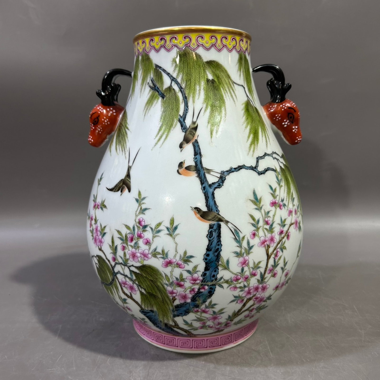 An Exquisite Famille-Rose Flower and Bird Pattern Deer-Ears Vase,With Poem: An Exquisite Famille-Rose Flower and Bird Pattern Deer-Ears Vase,With Poem,Qing Dynasty,China,Qianlong Six-character Mark,Size:10.4inx6.7in ????????,???,????,?????