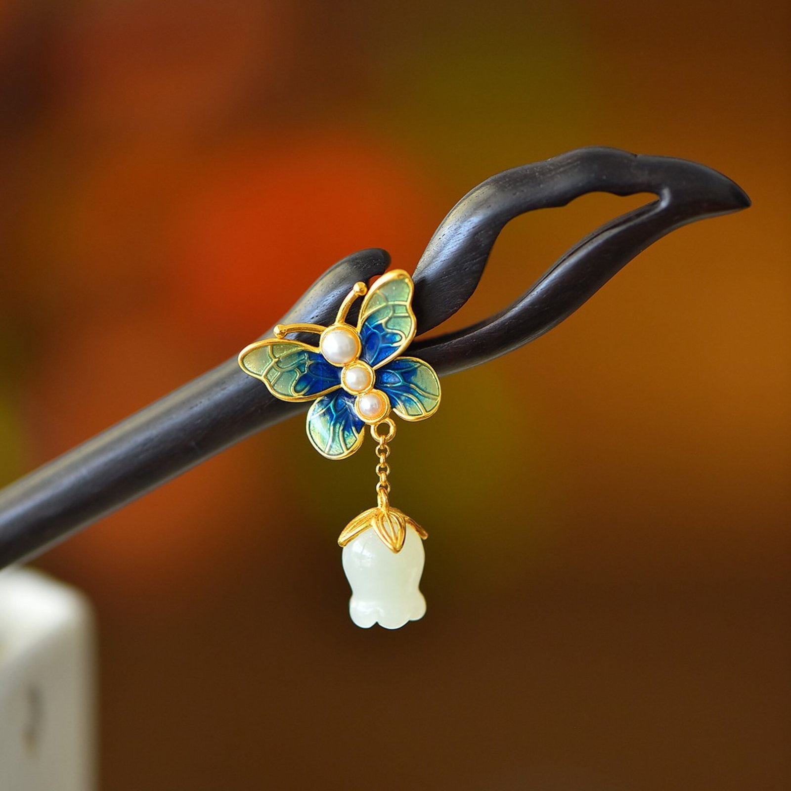 An Exquisite Sterling Silver-Gold Plated Inlaid White Jade Enamel Ebony Hairpin,Inlaid Pearl: An Exquisite Sterling Silver-Gold Plated Inlaid White Jade Enamel Ebony Hairpin,Inlaid Pearl