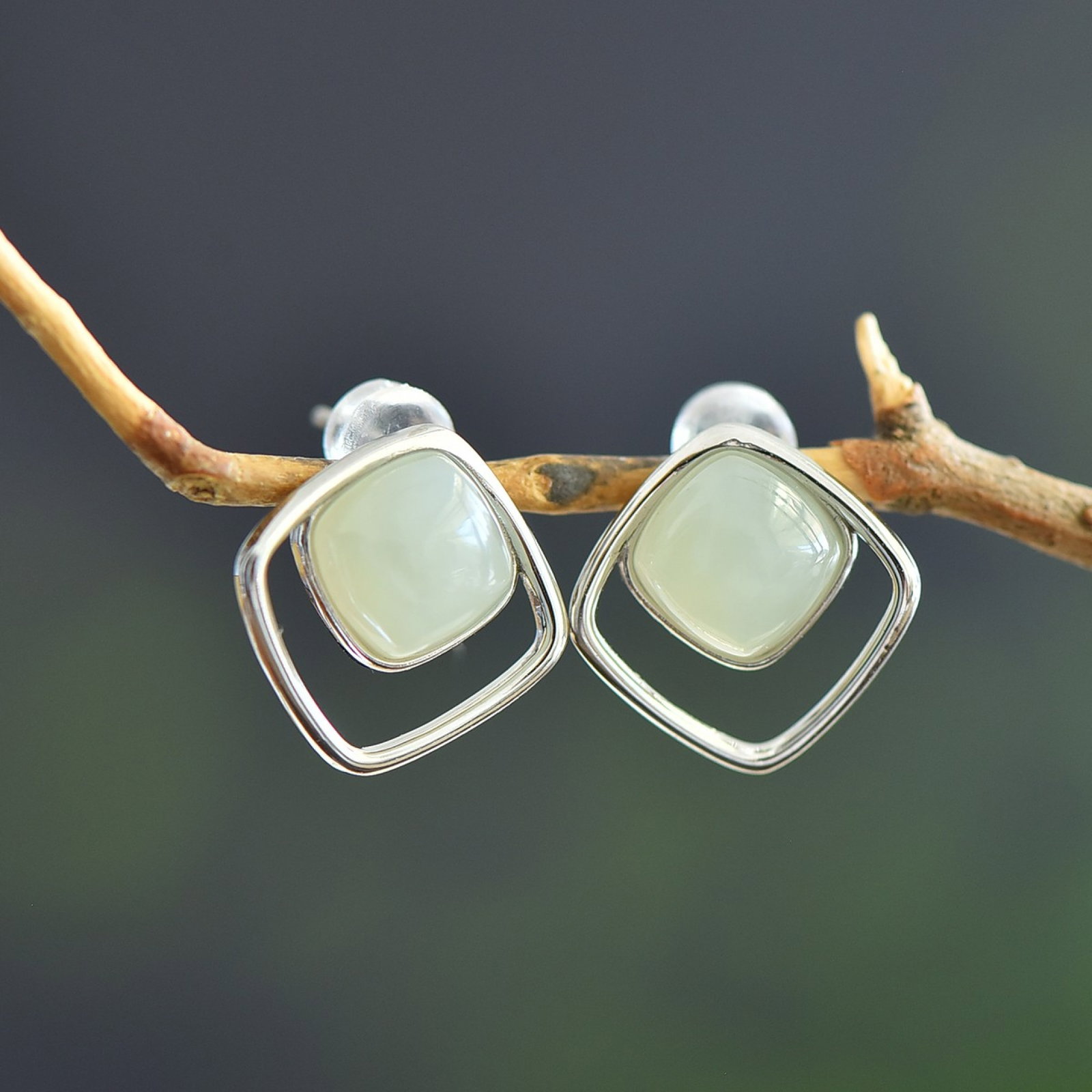 A Pair of Exquisite Sterling Silver Inlaid White Jade Earrings: A Pair of Exquisite Sterling Silver Inlaid White Jade Earrings,Size:8mmx8mm 一对纯银镶白玉耳环