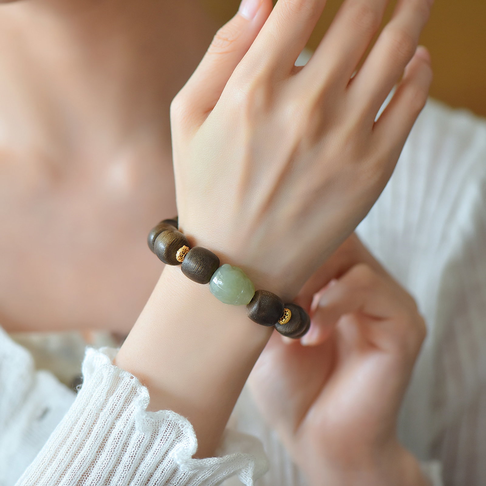An Exquisite Greenish Jade Eaglewood Bracelets: An Exquisite Greenish Jade Eaglewood Bracelets,Size:17mmx13mm,11mmx12mm 青白玉沉香木手串
