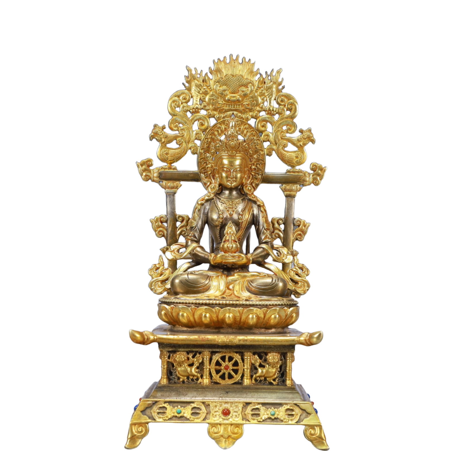A Rare Gilt Silver Statue of Amitayus,Inlaid Turquoise: A Rare Gilt Silver Statue of Amitayus,Inlaid Turquoise,Ming Dynasty, China,Yongle Six-character Mark,Size:5.5inx4.1inx11.8in,Weight:1600g