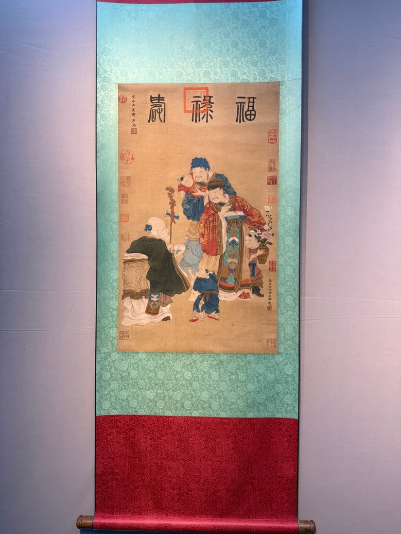 A Chinese Vertical Scroll Ink Painting of Figure on Silk,Li Gonglin: A Chinese Vertical Scroll Ink Painting of Figure on Silk,Li Gonglin,Size:(Without frame)32.7inx19.7in 一幅中国水墨绢本人物画立&#