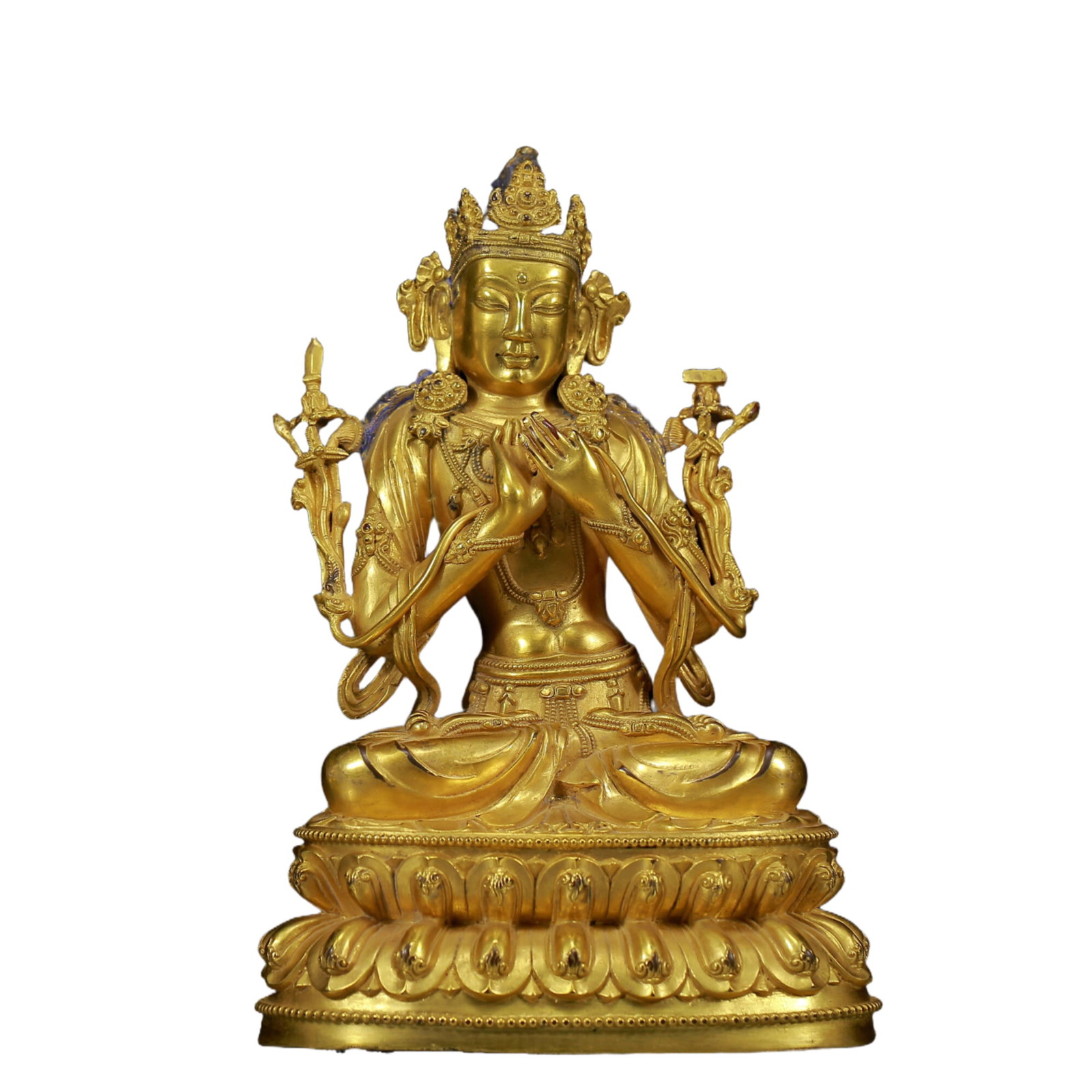 A Solemn Gilt Bronze Statue of Manjusri: A Solemn Gilt Bronze Statue of Manjusri,Ming Dynasty, China,Size: 5.9inx4.3inx9.1in,Weight:2240g 铜鎏金文殊菩萨像，明代