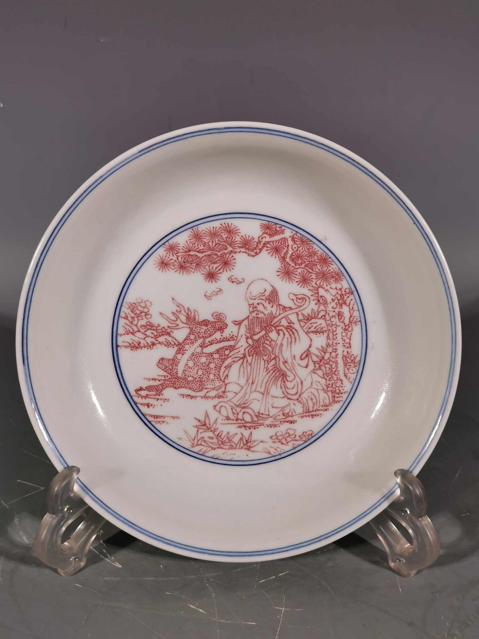 An Exquisite Blue and White Underglaze-Red Figure and Peach Pattern Plate: An Exquisite Blue and White Underglaze-Red Figure and Peach Pattern Plate,Qing Dynasty,China,Yongzheng Six-character Mark,Size:1.7inx7.2in 青花釉里红人物Ċ
