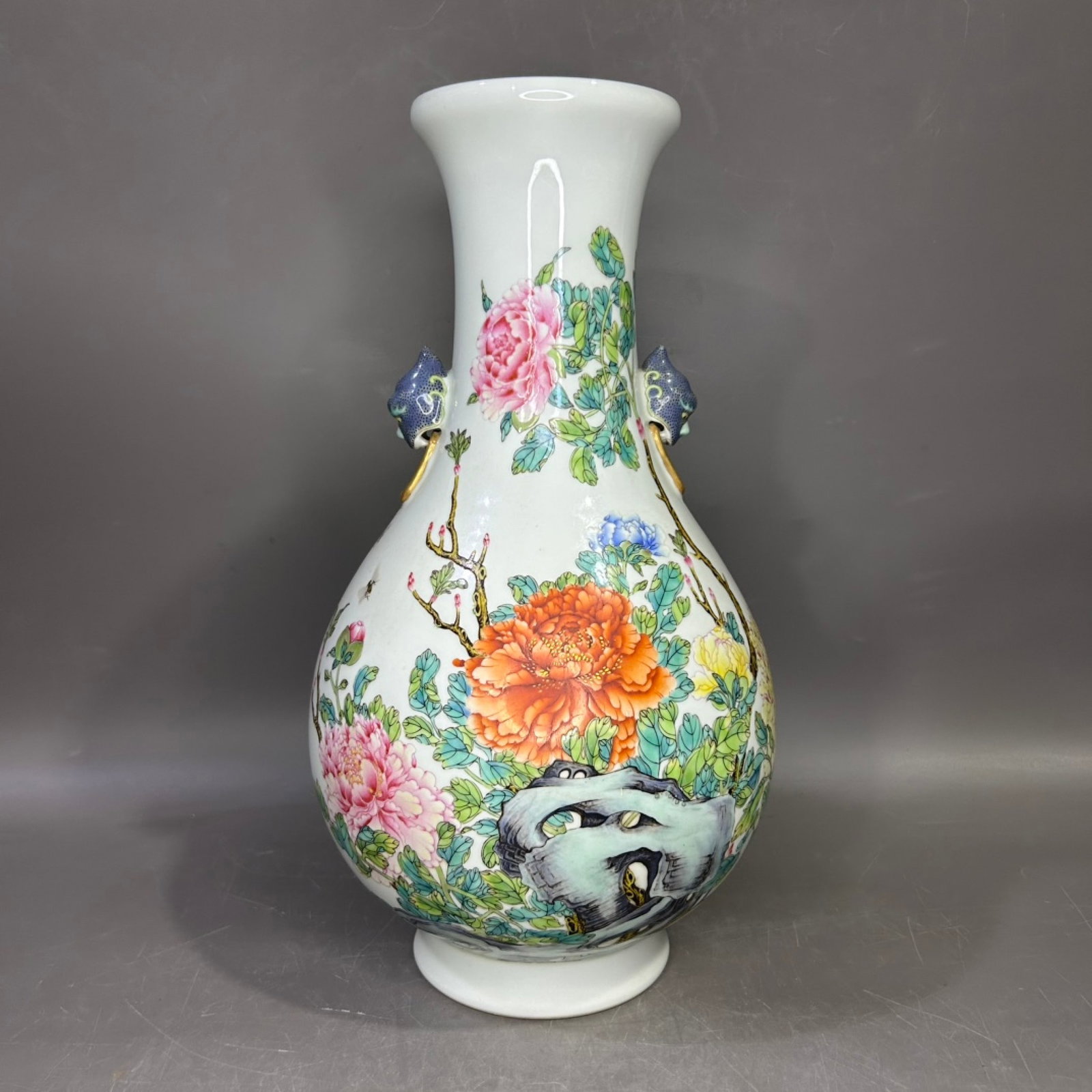 A Rare Famille-Rose Peony and Butterfly Pattern Beast-Ears Vase (1 of 6)