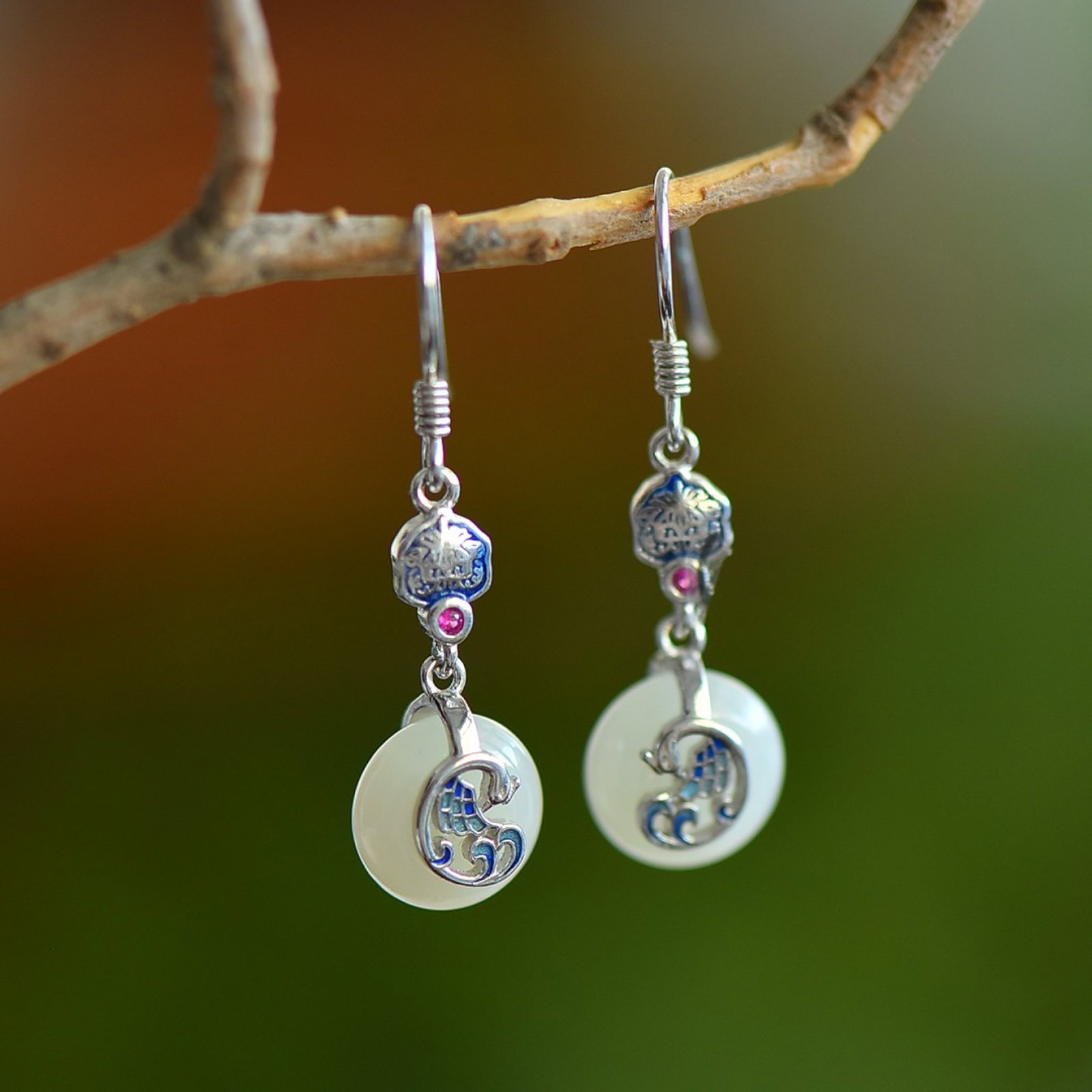 A Pair of Exquisite Sterling Silver Inlaid White Jade Earrings: A Pair of Exquisite Sterling Silver Inlaid White Jade Earrings 一对纯银镶白玉耳环