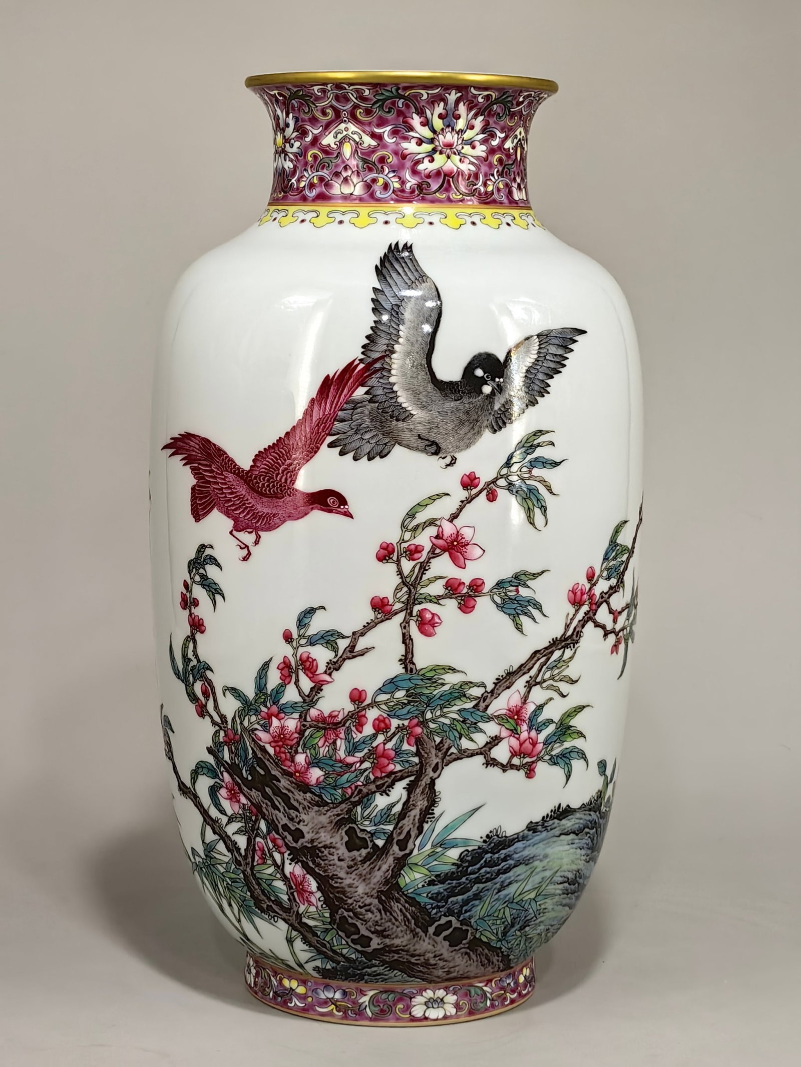 A Rare Famille-Rose Painted Gold Flower and Bird Pattern Vase,With Poem: A Rare Famille-Rose Painted Gold Flower and Bird Pattern Vase,With Poem,Qing Dynasty,China,Yongzheng Six-character Mark,Size:12inx6.7in 粉彩描金花鸟纹瓶
