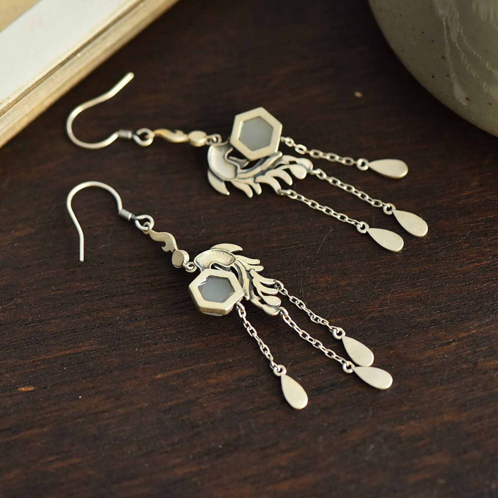 A Pair of Exquisite Sterling Silver Inlaid White Jade Earrings: A Pair of Exquisite Sterling Silver Inlaid White Jade Earrings 一对纯银镶白玉耳环