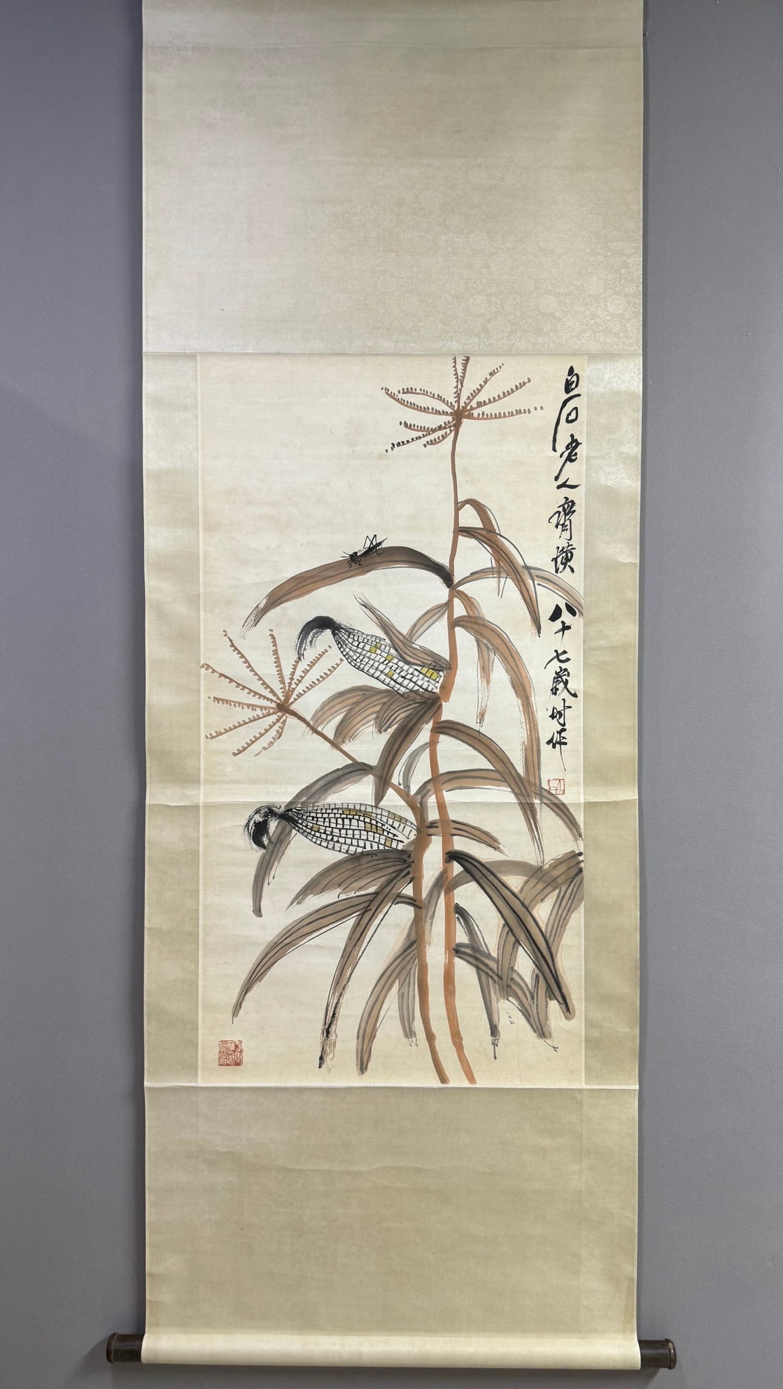 A Chinese Vertical Scroll Ink Painting of Corn on Paper,Qi Baishi: A Chinese Vertical Scroll Ink Painting of Corn on Paper,Qi Baishi,Size:38.6inx20.5in 一幅中国水墨玉米图立轴,齐白石