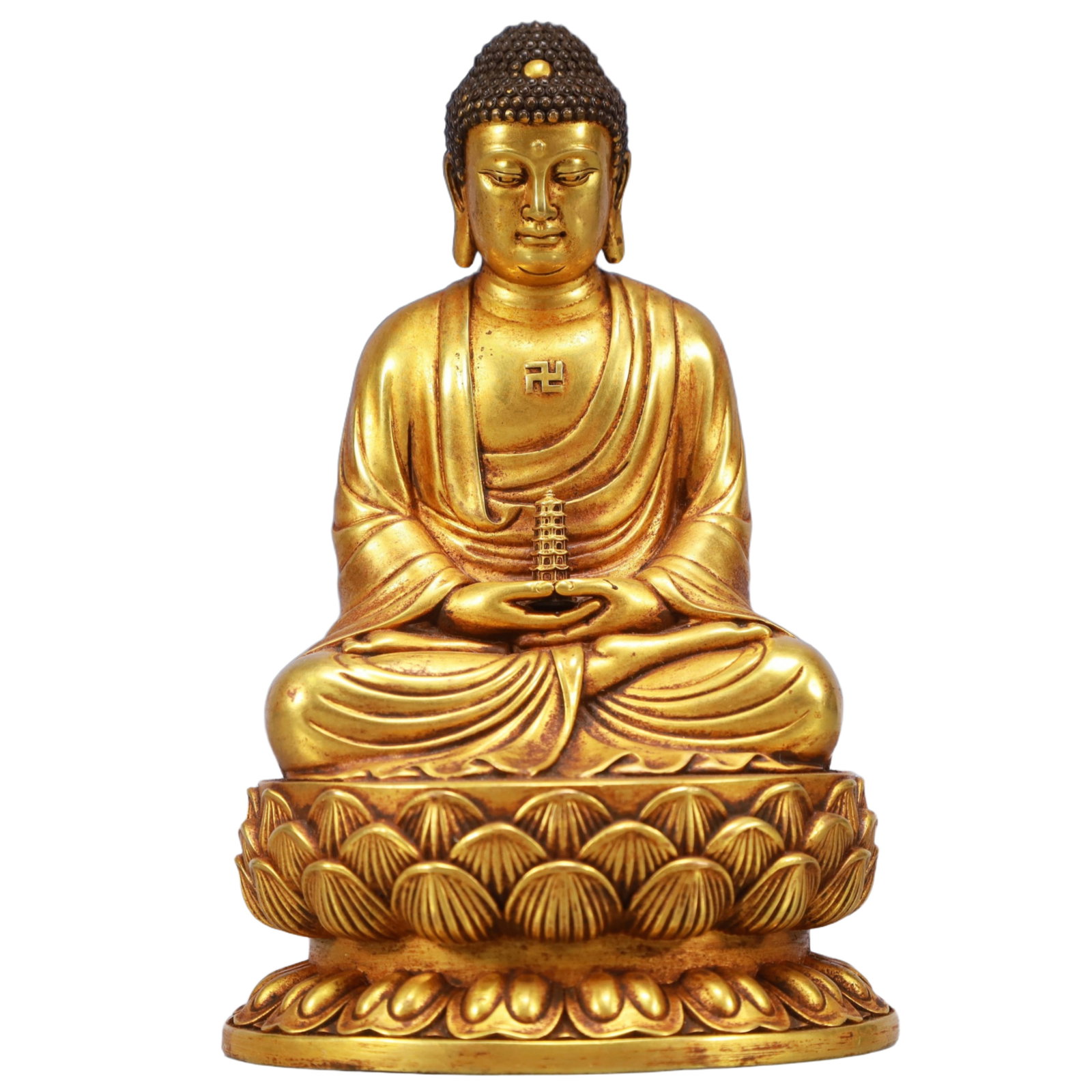 A Solemn Gilt Bronze Statue of Sakyamuni: A Solemn Gilt Bronze Statue of Sakyamuni,Ming Dynasty, China,Yongle Six-character Mark,Size:4.1inx3.3inx6.3in,Weight:2050g 铜鎏金如来像,中国明