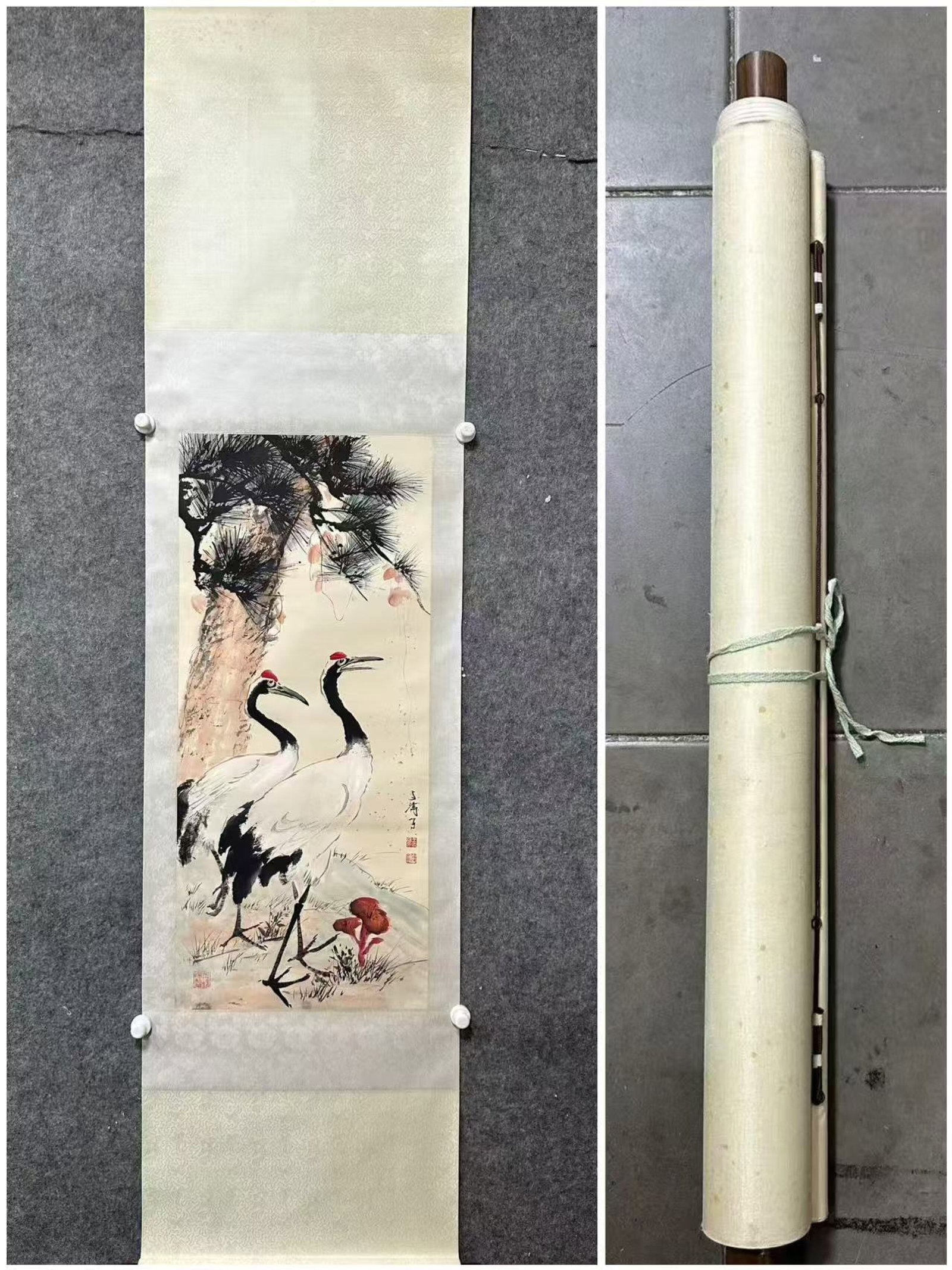 A Chinese Vertical Scroll Ink Painting of Pine and Crane on Paper,Wang Xuetao: A Chinese Vertical Scroll Ink Painting of Pine and Crane on Paper,Wang Xuetao,Size:(Without frame)16.5inx37.8in一幅中国水墨松鹤图立轴,