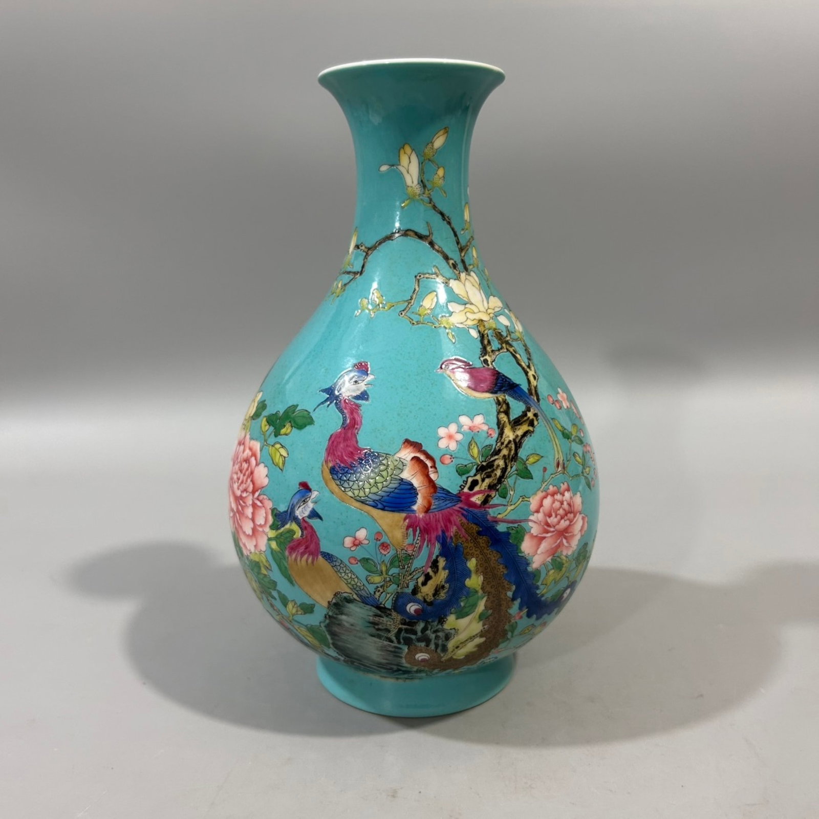 An Exquisite Turquoise Glazed Enamel Peony and Phoenix Pattern Vase,With Poem (1 of 7)