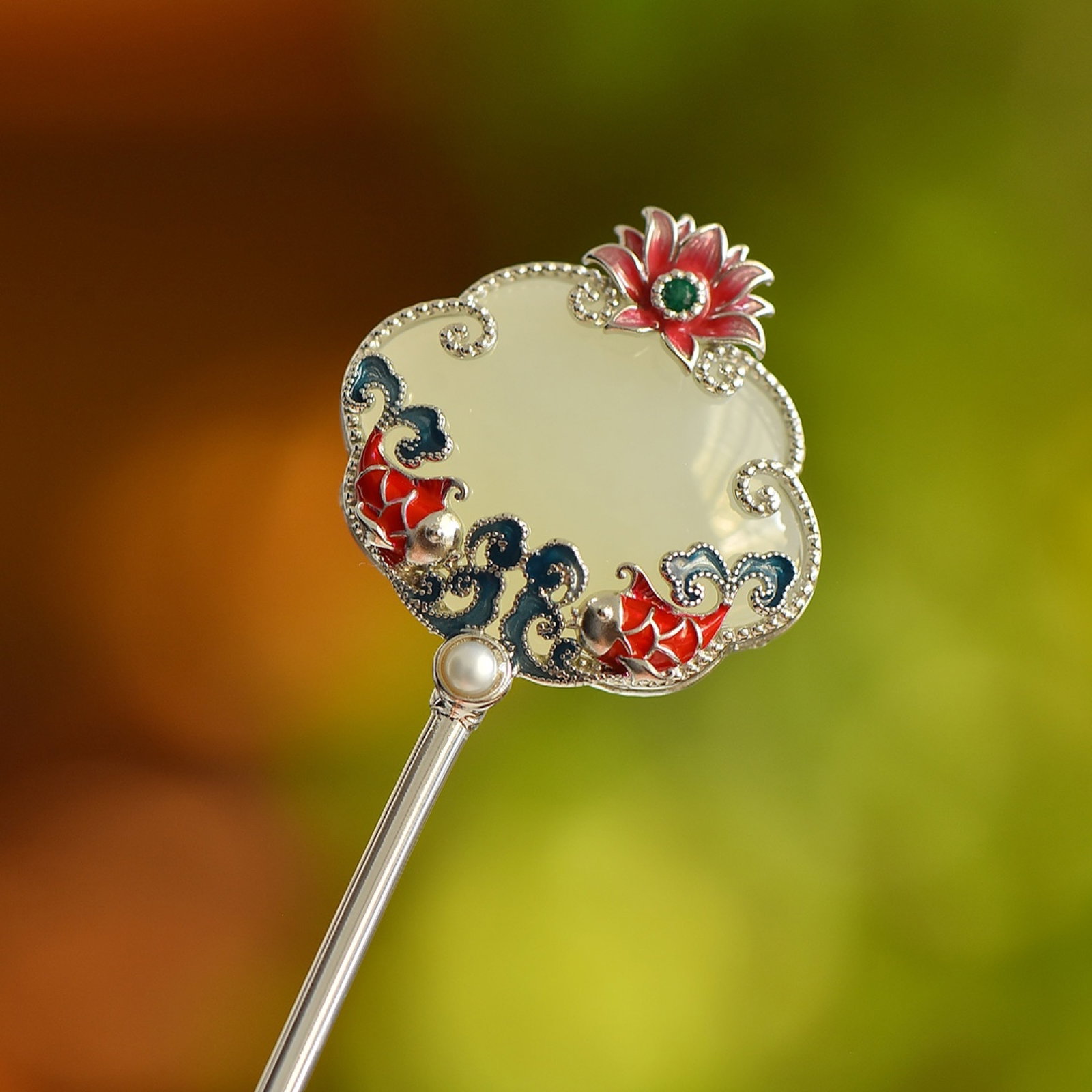 An Exquisite Sterling Silver Inlaid White Jade Enamel Hairpin: An Exquisite Sterling Silver Inlaid White Jade Enamel Hairpin, 纯银镶白玉珐琅发簪