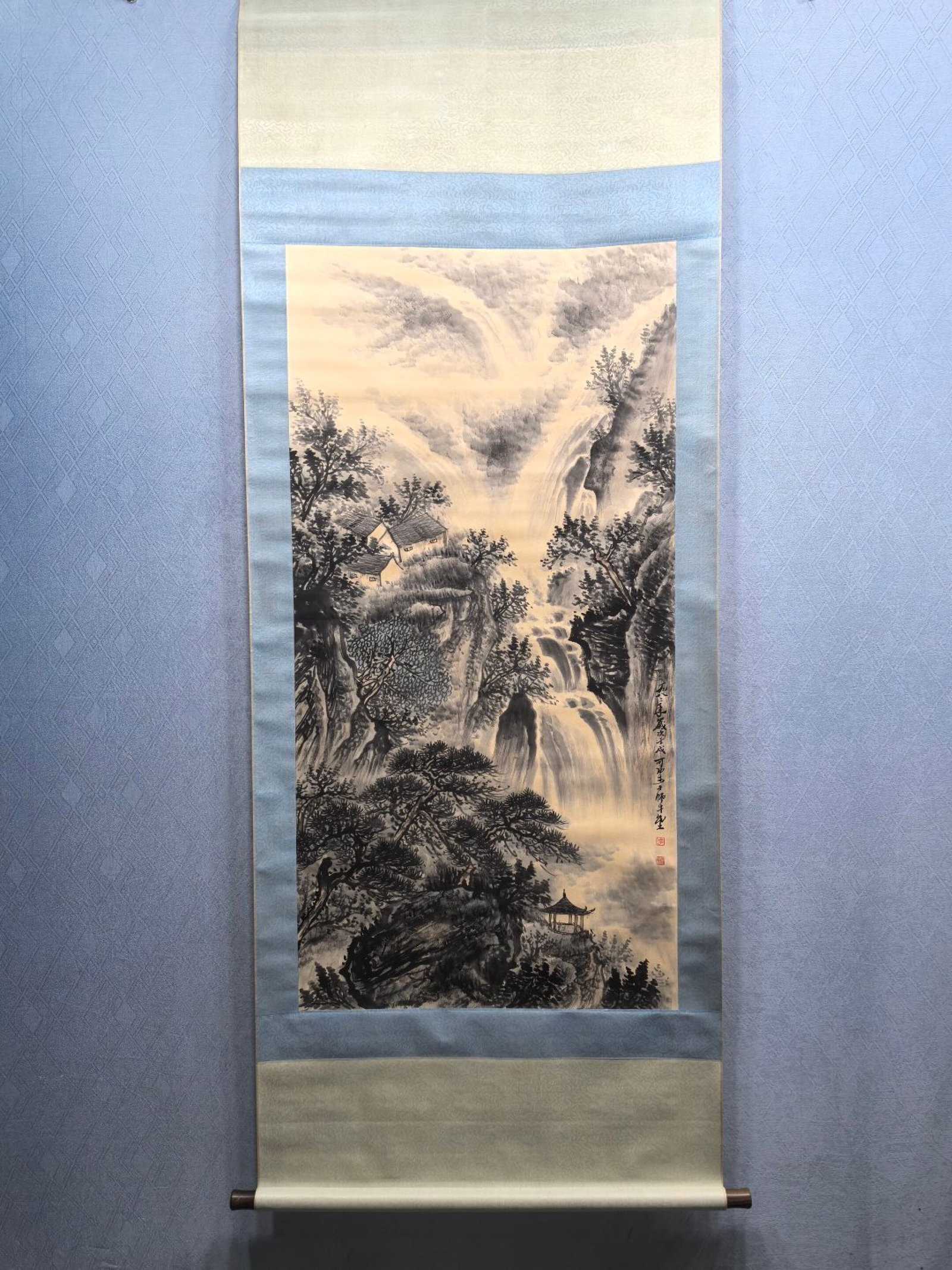 A Chinese Vertical Scroll Ink Painting of Landscape on Paper,Li Keran: A Chinese Vertical Scroll Ink Painting of Landscape on Paper,Li Keran,Size:(Without frame)26.6inx53in 一幅中国水墨山水画立轴,李&