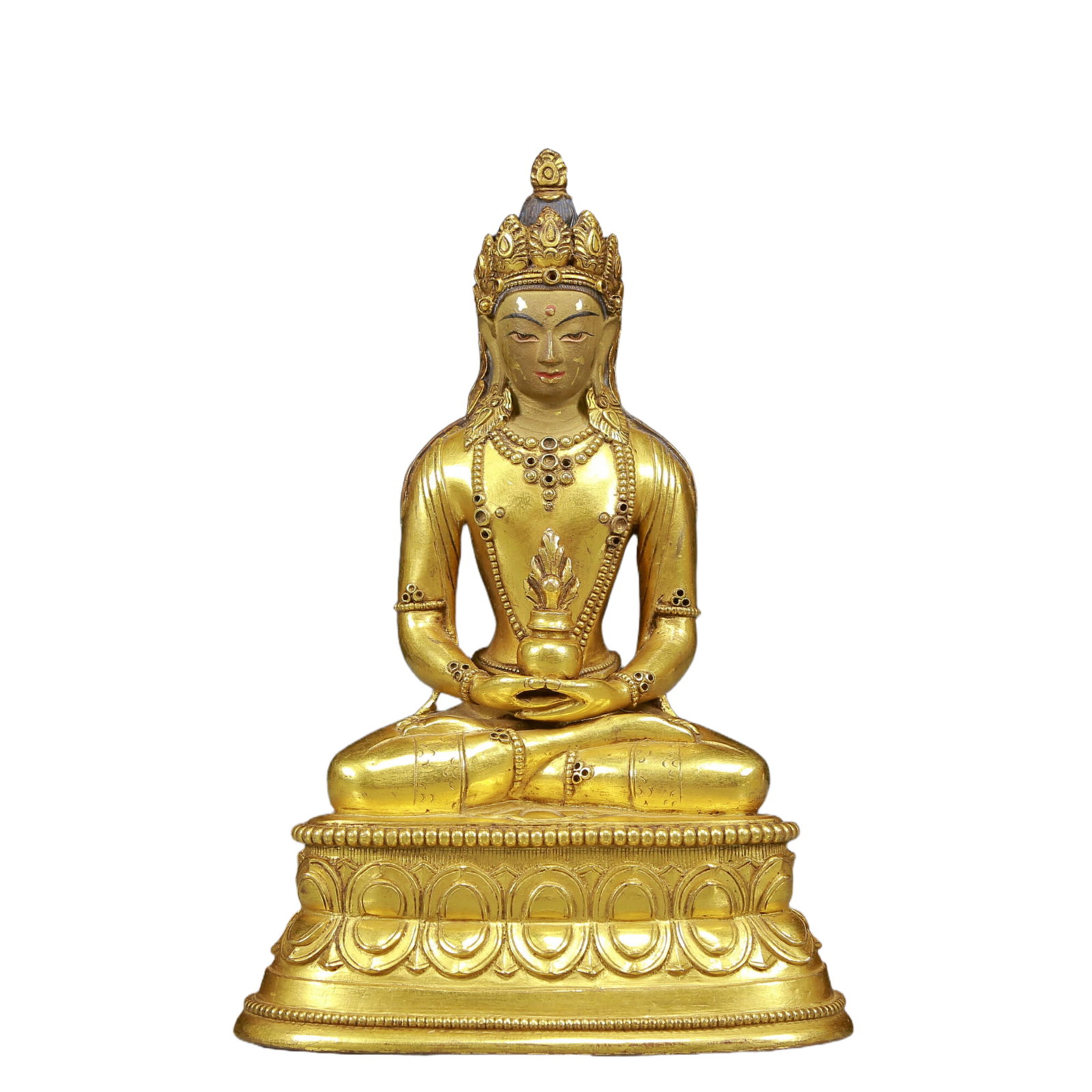 A Solemn Gilt Bronze Statue of Amitayus: A Solemn Gilt Bronze Statue of Amitayus,Ming Dynasty, China,Size:5.5inx3.9inx8.3in,Weight:1960g 铜鎏金无量寿佛像，明代