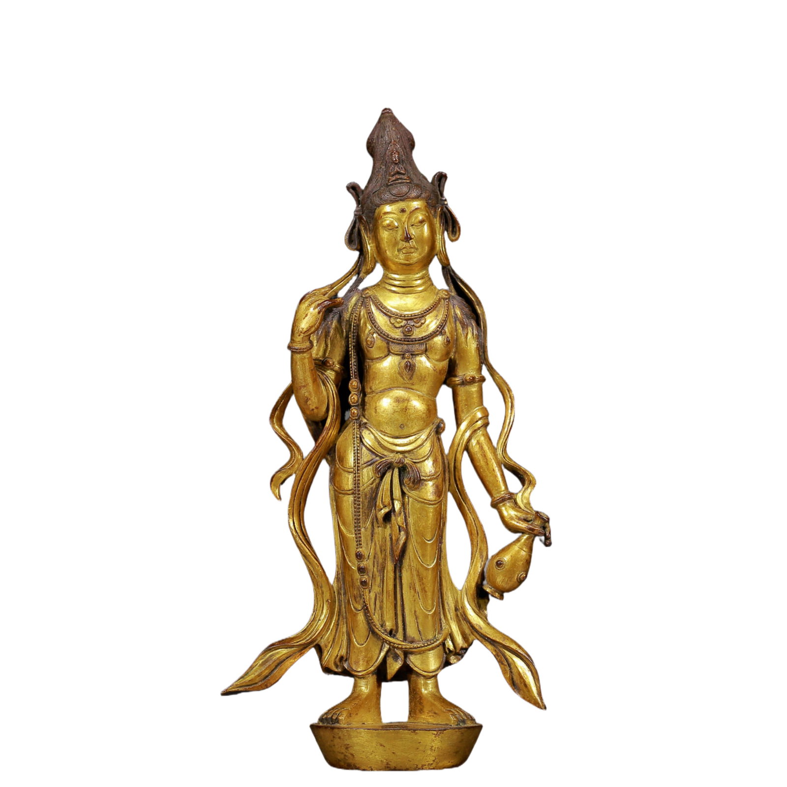 A Solemn Gilt Bronze Statue of Avalokitesvara: A Solemn Gilt Bronze Statue of Avalokitesvara,Ming Dynasty, China,Size: 4.3inx2inx8.5in,Weight:965g 铜鎏金观音像，明代