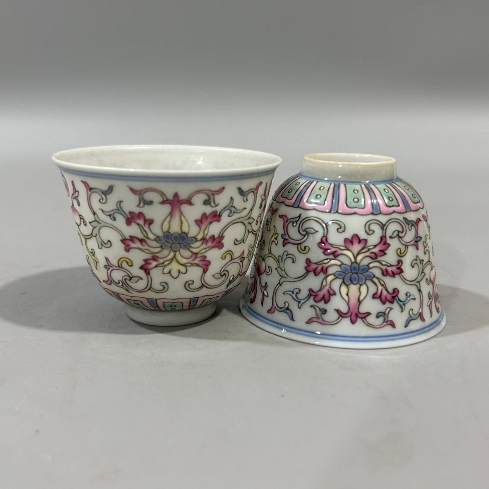 A Pair of Exquisite Famille-Rose Lotus Pattern Cups: A Pair of Exquisite Famille-Rose Lotus Pattern Cups,Qing Dynasty,China,Yongzheng Six-character Mark,Size:2.6inx2in