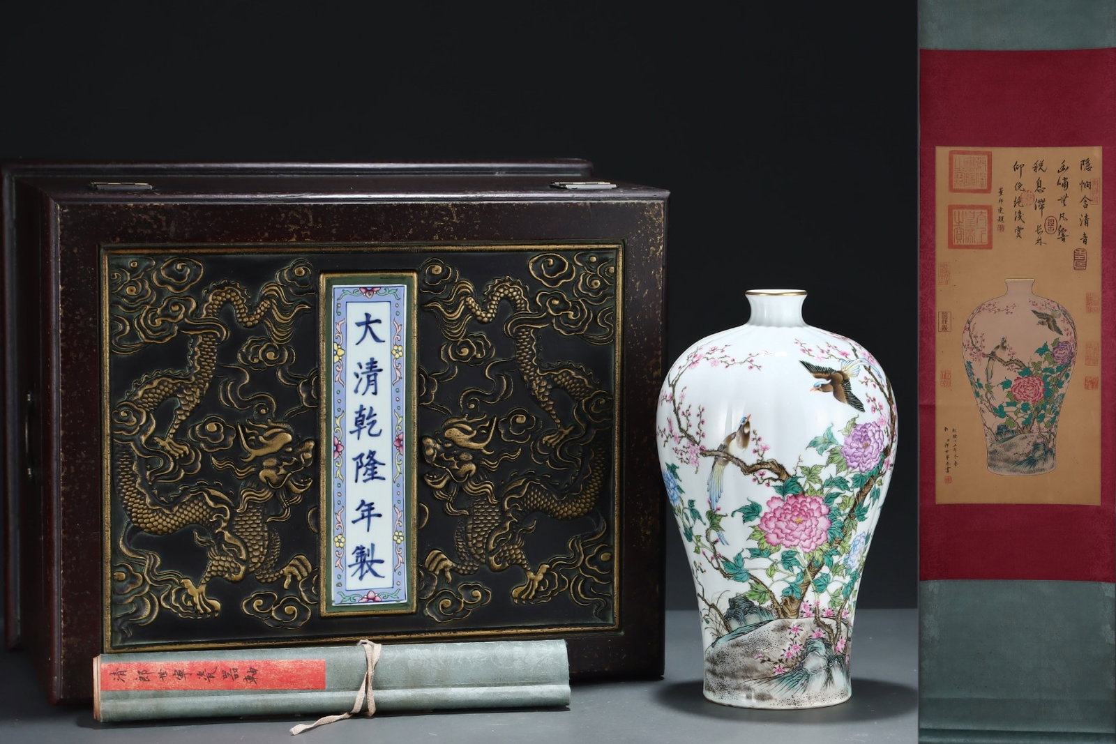 A Rare Famille-Rose Painted Gold Flower and Bird Pattern Vase,With Poem,With Vertical Scroll: A Rare Famille-Rose Painted Gold Flower and Bird Pattern Vase,With Poem,With Vertical Scroll Painting on Silk,Qing Dynasty, China,Yongzheng Six-character Mark,Size:12.8inx7.6in,(Without frame)25.6inx1