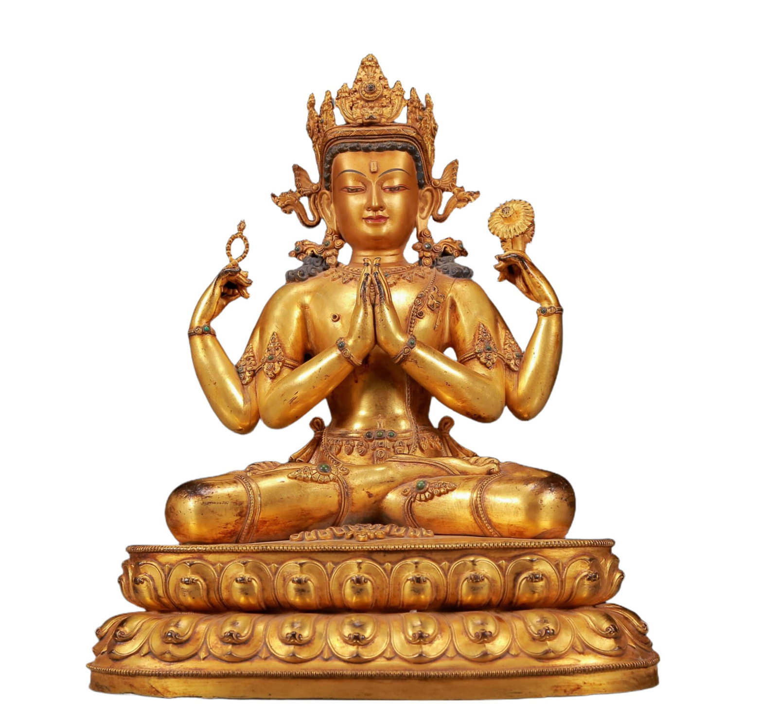 A Solemn Gilt Bronze Inlaid Gems Statue of Four-arms Guanyin,With Inscription: A Solemn Gilt Bronze Inlaid Gems Statue of Four-arms Guanyin,With Inscription,Ming Dynasty, China,Size:10inx7.1inx13in,Weight:5270g 铜鎏金嵌宝石四臂#