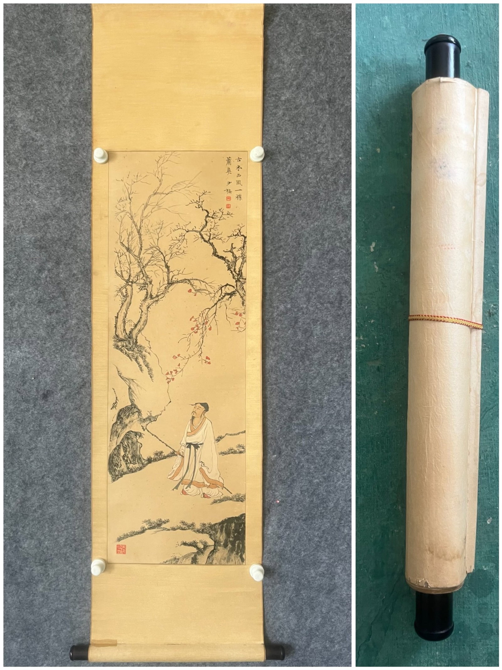 A Chinese Vertical Scroll Ink Painting of Landscape and Figure on Paper,Chen Shaomei: A Chinese Vertical Scroll Ink Painting of Landscape and Figure on Paper,Chen Shaomei,Size:(Without frame)12.6inx38.2in 一幅中国水墨山水人物&