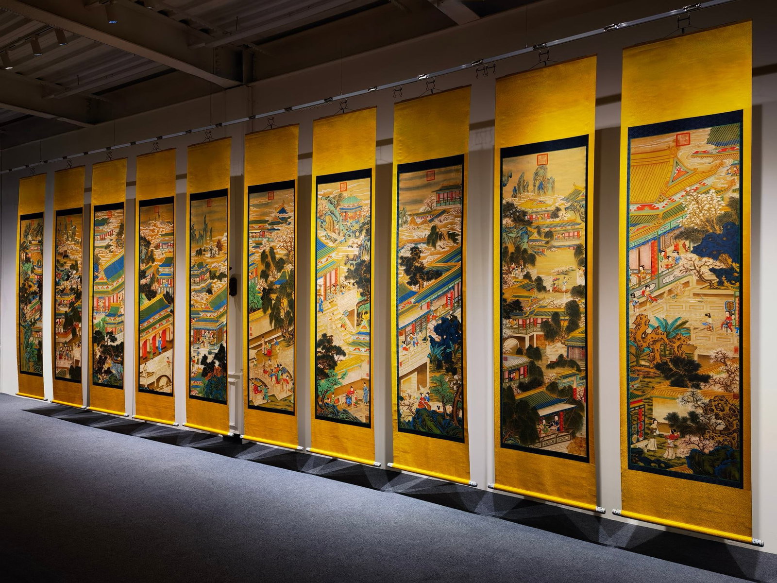 A Set of Chinese Vertical Scroll Ink Painting of Landscape and Figure on Silk,Chou Ying: A Set of Chinese Vertical Scroll Ink Painting of Landscape and Figure on Silk,Chou Ying,Size:(entirety)122.4inx29.1in*10,(Without frame)85inx24in*10 一套中国水墨