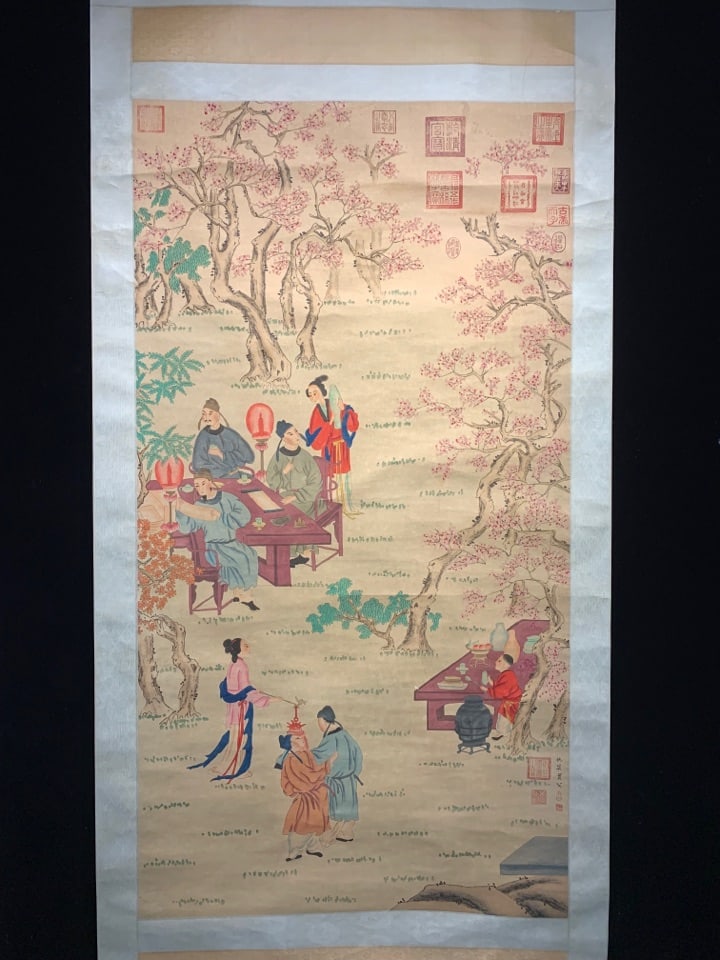 A Chinese Vertical Scroll Ink Painting of Character and Story on Paper,Chou Ying: A Chinese Vertical Scroll Ink Painting of Character and Story on Paper,Chou Ying,Size:(Without frame)66.9inx35.8in 一幅中国水墨人物故事Ĭ
