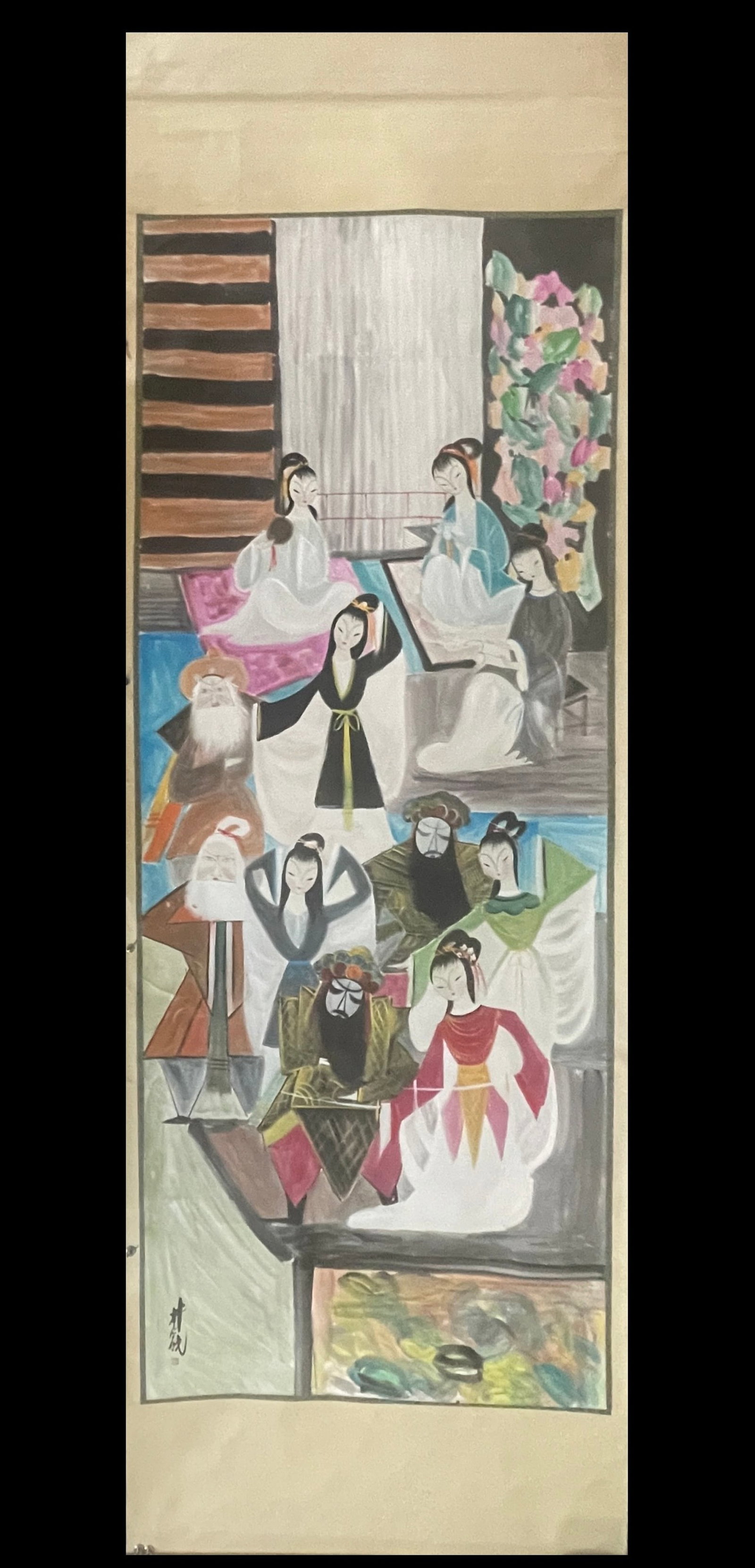 A Chinese Vertical Scroll Ink Painting of Figure on Paper,Lin Fengmian: A Chinese Vertical Scroll Ink Painting of Figure on Paper,Lin Fengmian,Size:55.1inx141.7in
