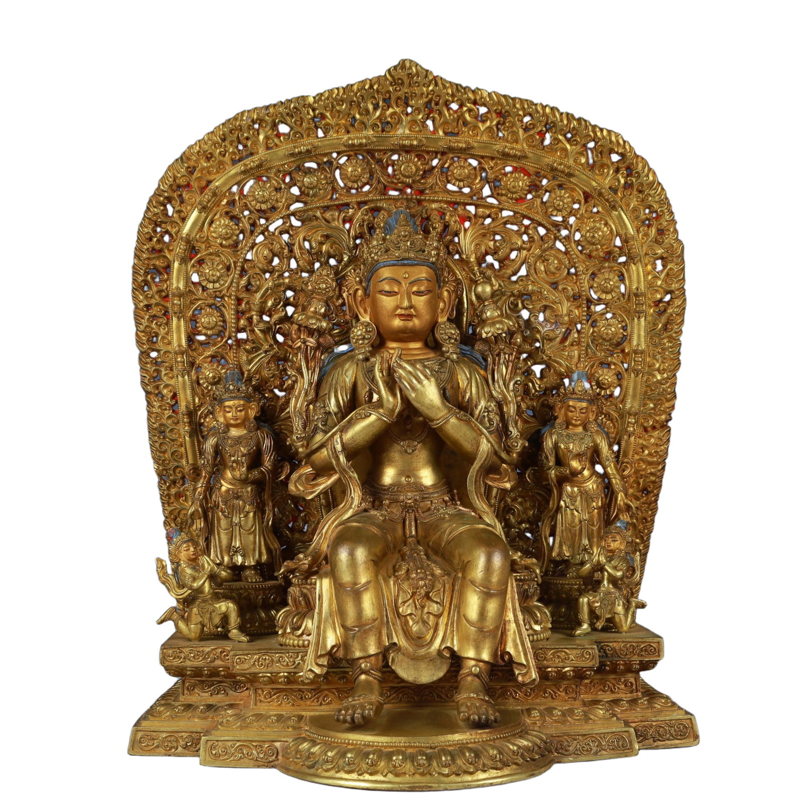 A Solemn Gilt Bronze Statue of Maitreya Buddha: A Solemn Gilt Bronze Statue of Maitreya Buddha,Qing Dynasty, China,Size:11.8inx8.3inx16.1in,Weight:11950g 铜鎏金弥勒佛像,中国清代