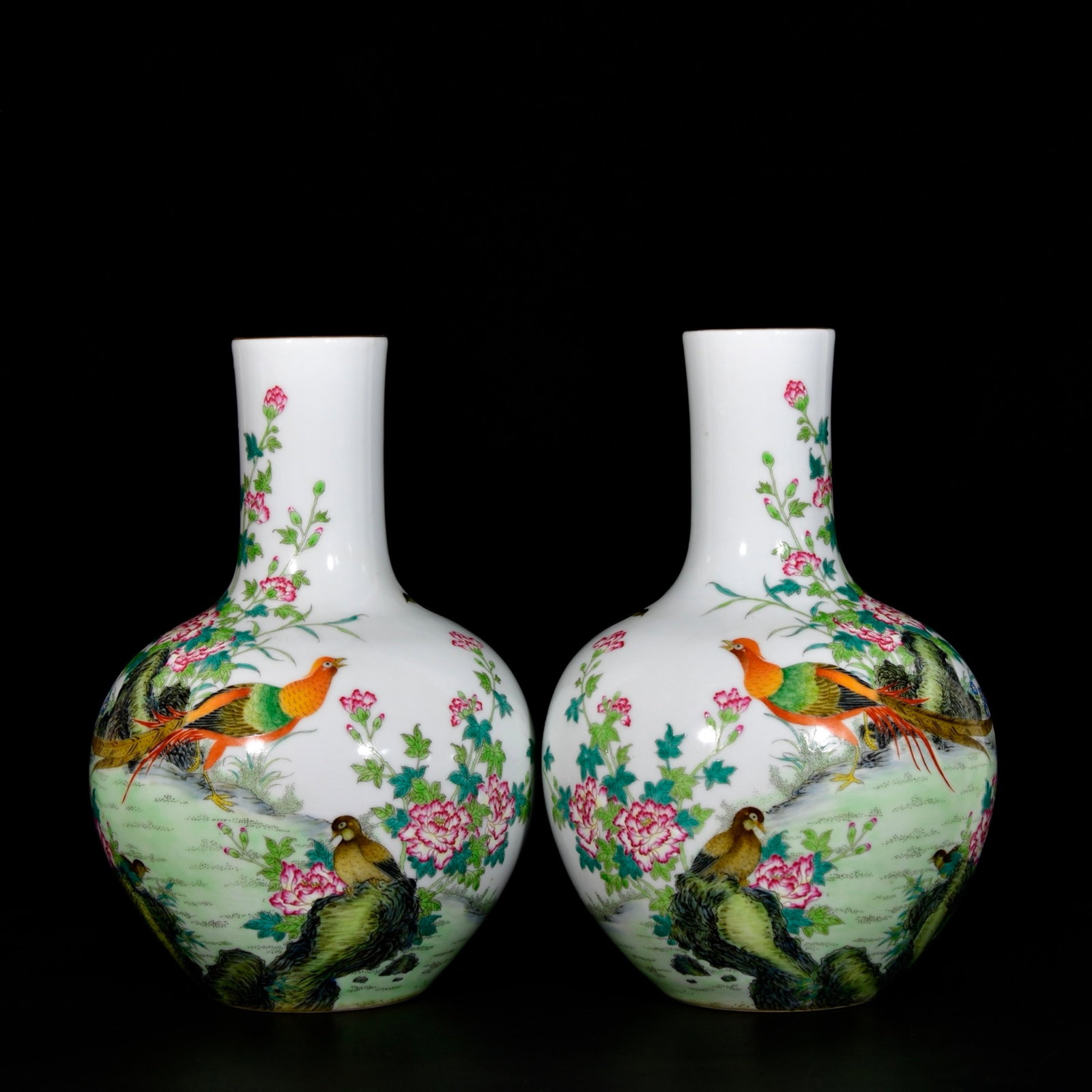 A Pair of Rare Enamel Flower and Bird Pattern Vases,With Poem: A Pair of Rare Enamel Flower and Bird Pattern Vases,With Poem,Qing Dynasty,China,Qianlong Six-character Mark,Size:13inx8.7in
