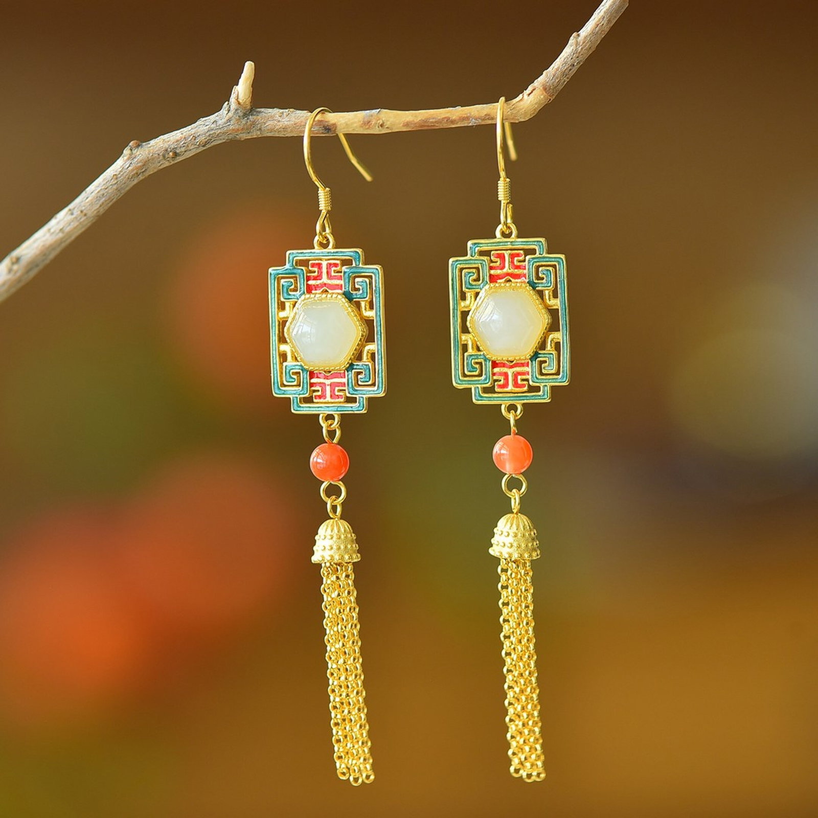 A Pair of Exquisite Sterling Silver-Gold Plated Inlaid White Jade Enamel Earrings: A Pair of Exquisite Sterling Silver-Gold Plated Inlaid White Jade Enamel Earrings 一对纯银镀金镶白玉珐琅耳环