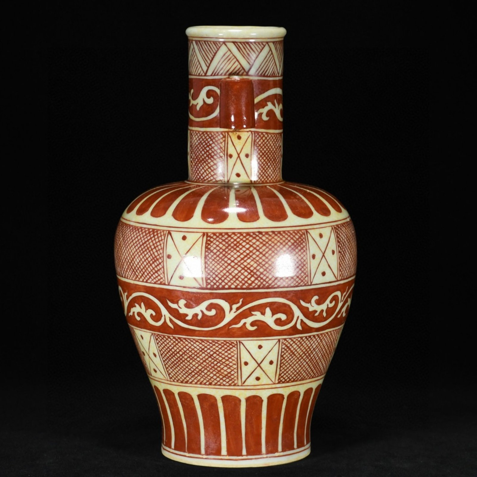 A Rare Red Glazed Scroll Grass Pattern Double-Ears Vase - 2