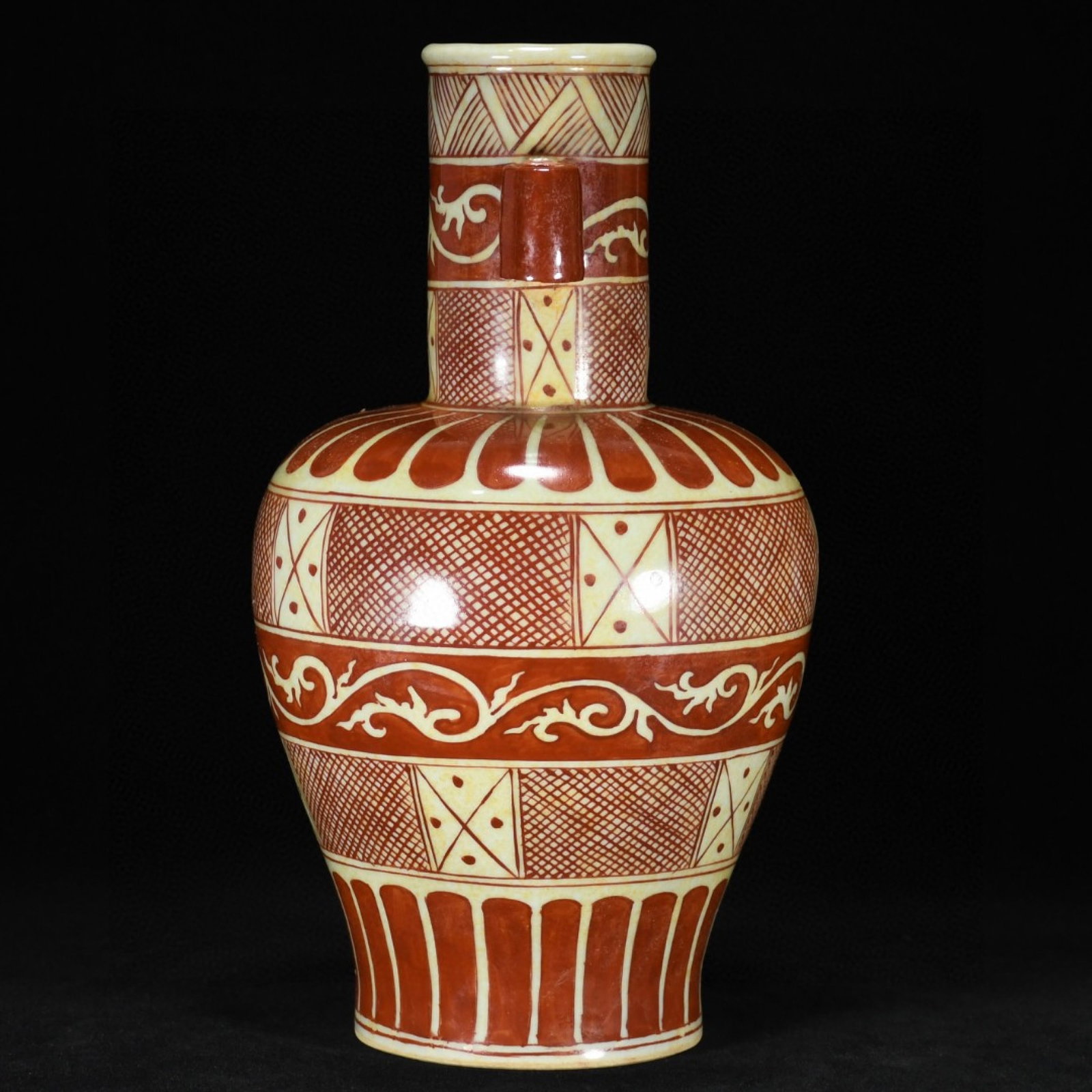 A Rare Red Glazed Scroll Grass Pattern Double-Ears Vase - 4