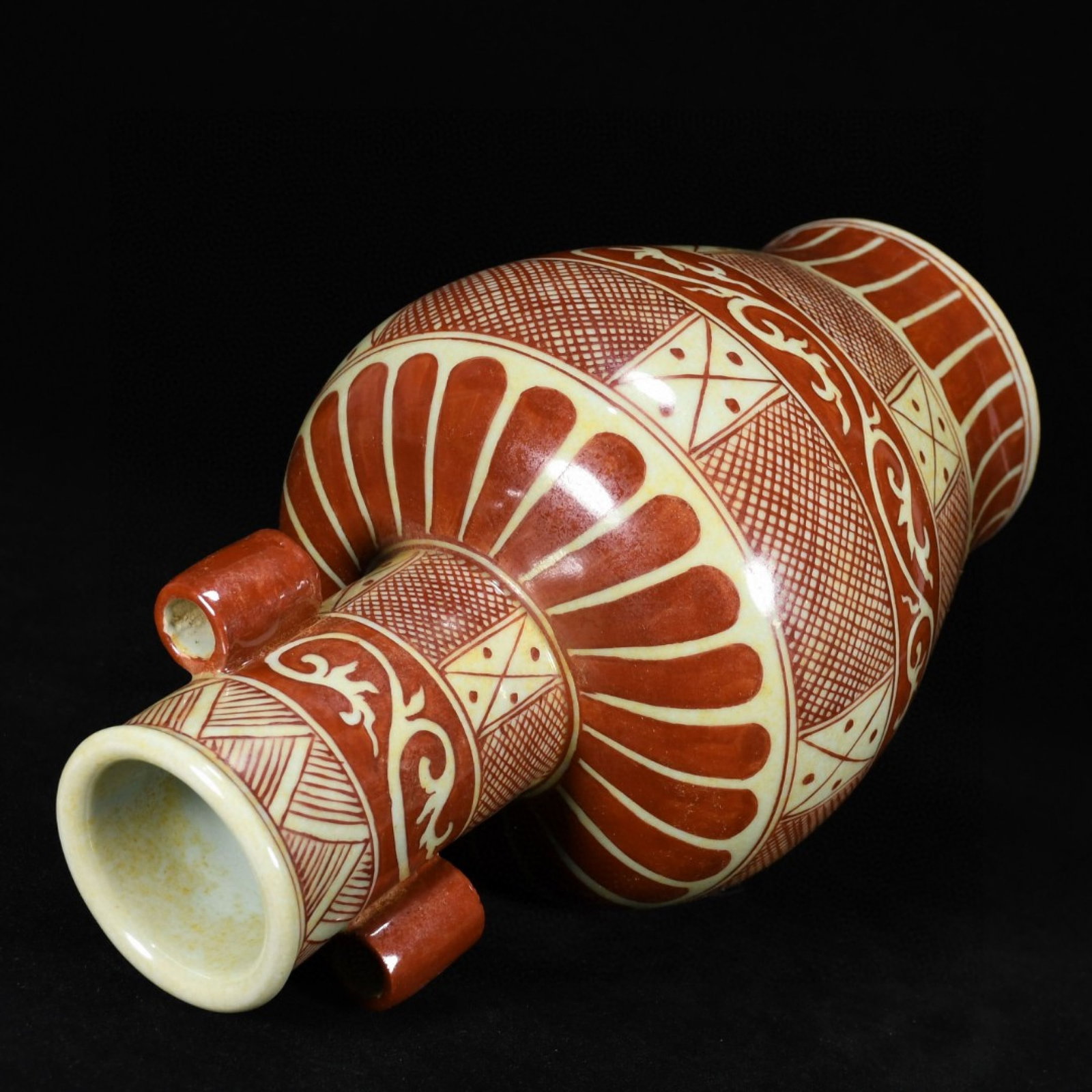 A Rare Red Glazed Scroll Grass Pattern Double-Ears Vase - 7