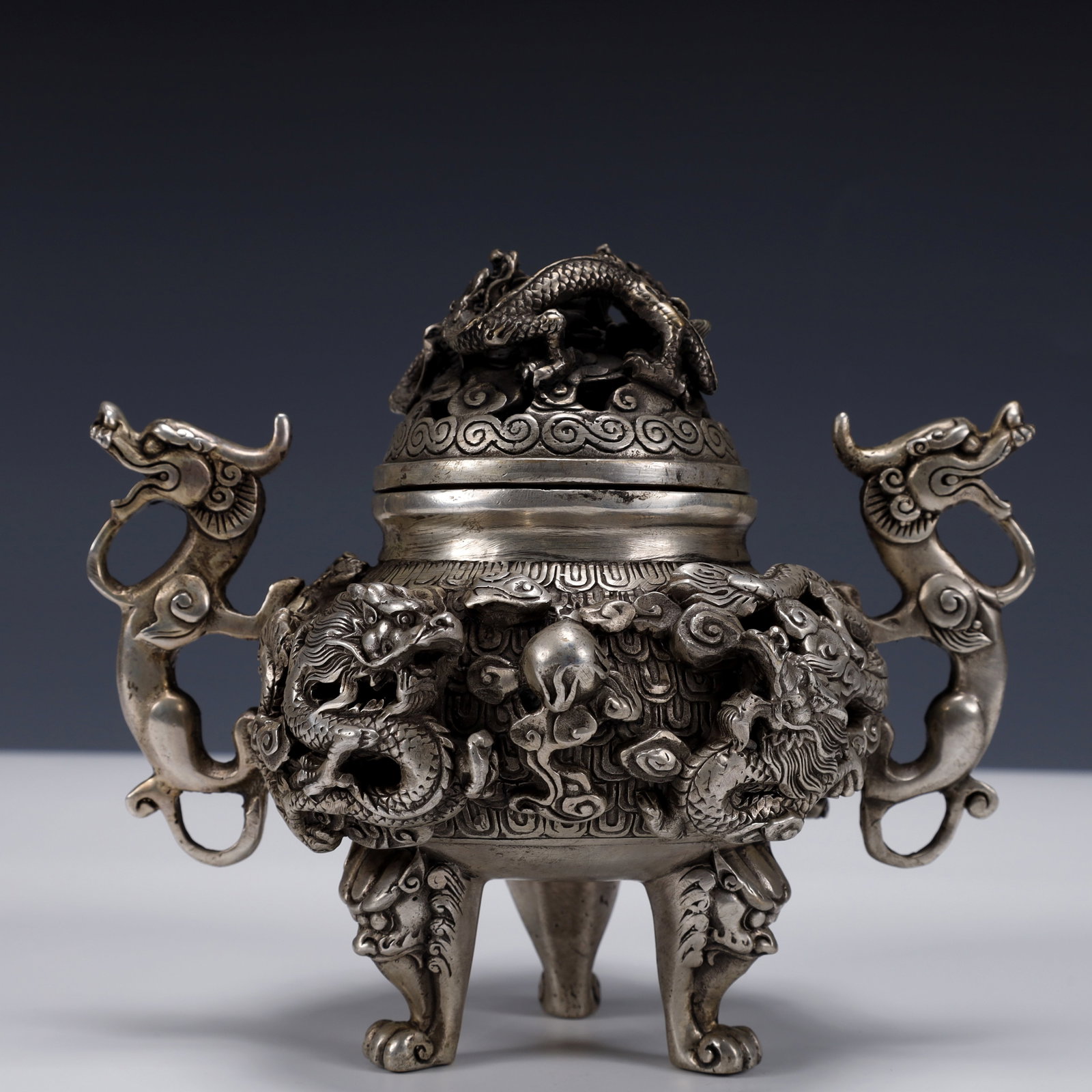 An Exquisite Silver-Plated Bronze Dragon Pattern Double-Ears and Tripod Censer (1 of 15)