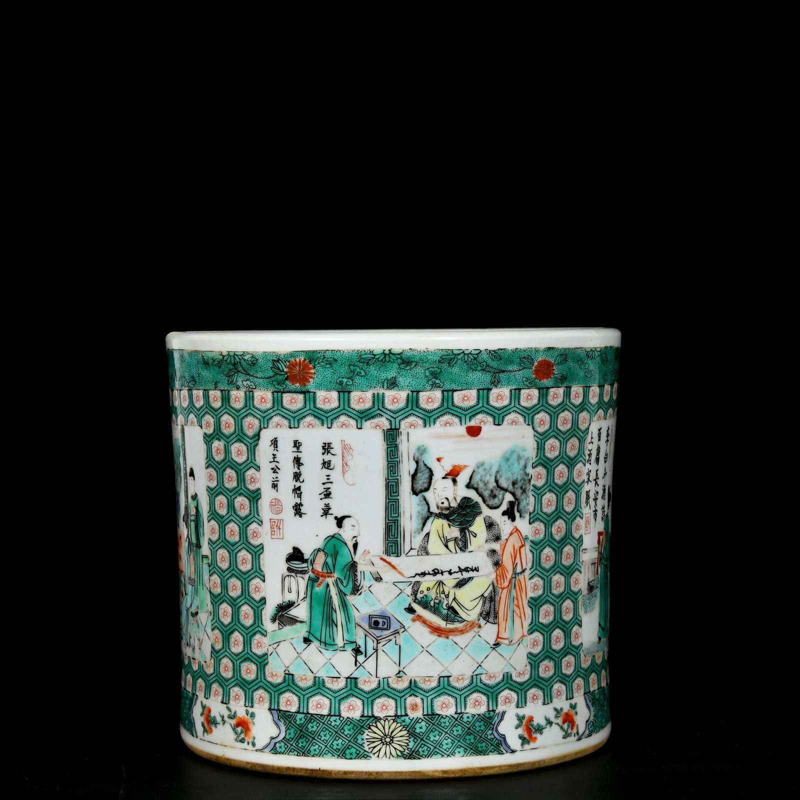 An Exquisite Wucai Character and Story Pattern Brush Pot,With Poem: An Exquisite Wucai Character and Story Pattern Brush Pot,With Poem,Qing Dynasty,China,Kangxi Six-character Mark,Size:7.7inx8.7in