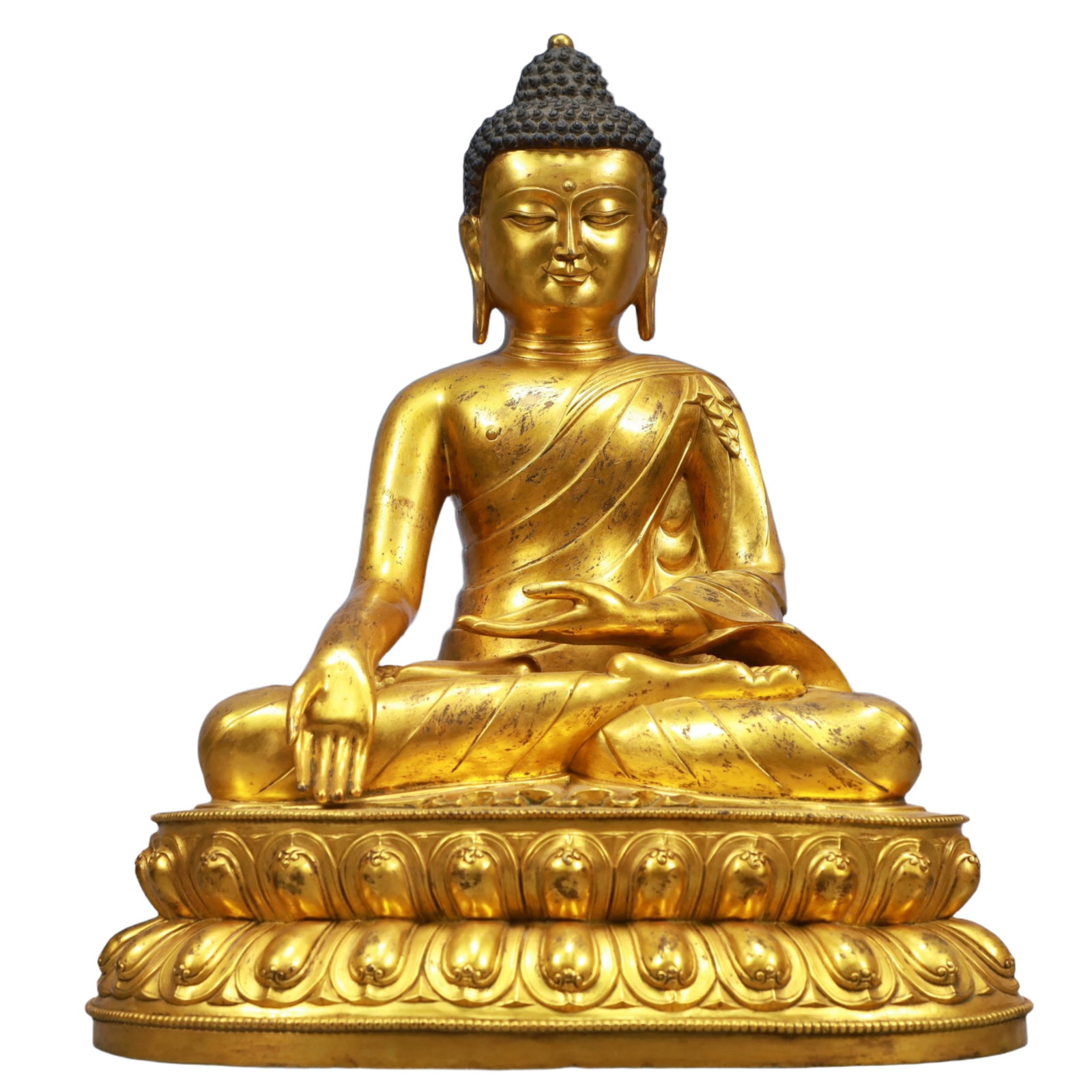 A Solemn Gilt Bronze Statue of Sakyamuni: A Solemn Gilt Bronze Statue of Sakyamuni,Qing Dynasty, China,Size:12.6inx8.7inx15.7in,Weight:11950g 铜鎏金如来像,中国清代