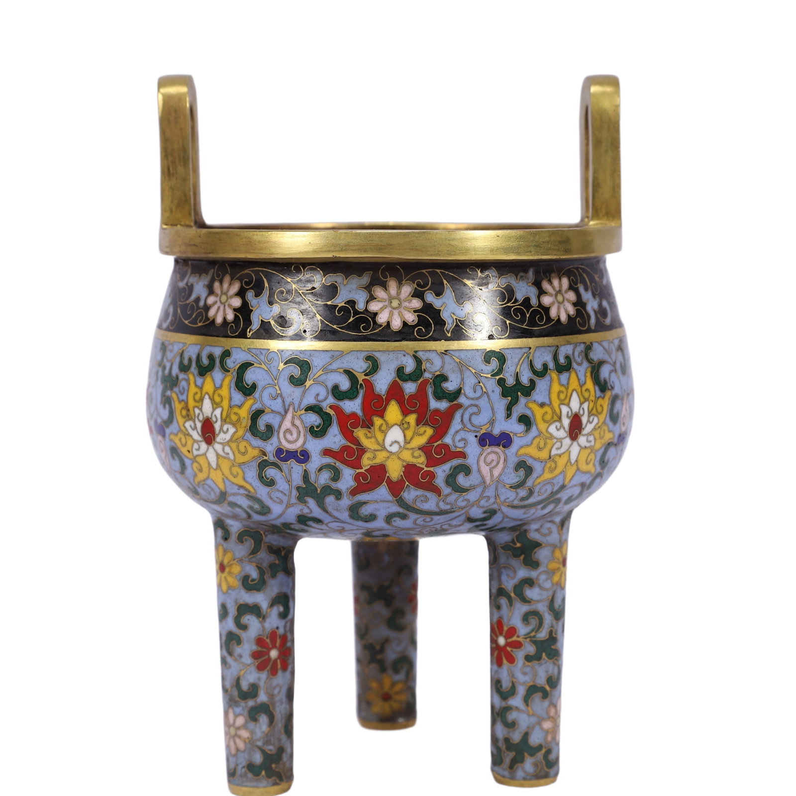 An Exquisite Cloisonne Lotus Pattern Double-Ears and Tripod Censer: An Exquisite Cloisonne Lotus Pattern Double-Ears and Tripod Censer,Qing Dynasty, China,Qianlong Four-character Mark,Size:7.1inx4.7inx7.5in,Weight:1400g 景泰蓝缠枝莲