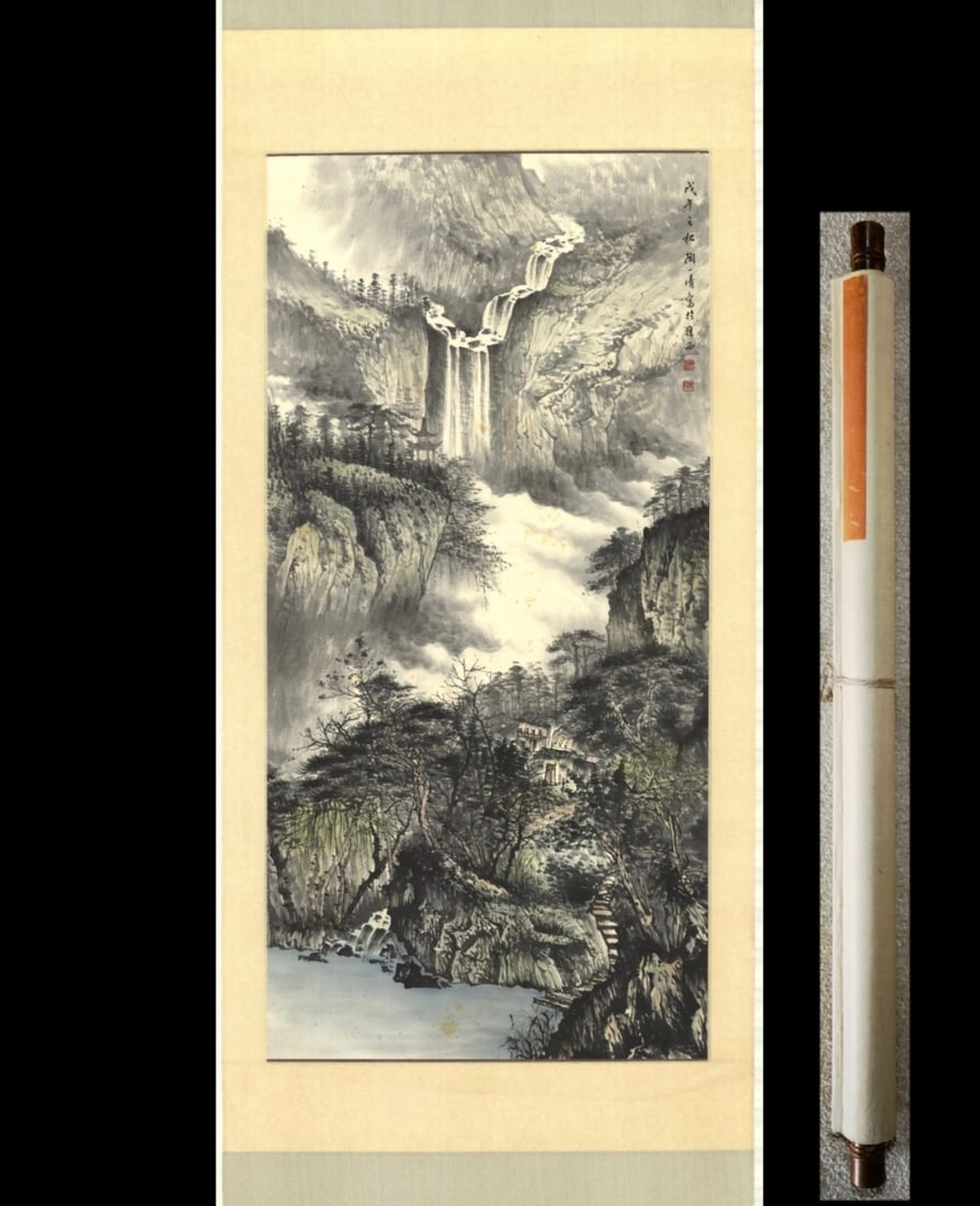 A Chinese Vertical Scroll Ink Painting of Landscape on Paper,Tao Yiqing: A Chinese Vertical Scroll Ink Painting of Landscape on Paper,Tao Yiqing,Size:(entirety)90.6inx32.3in,(Without frame)53.1inx26.8in 一幅中国水墨山水ஹ